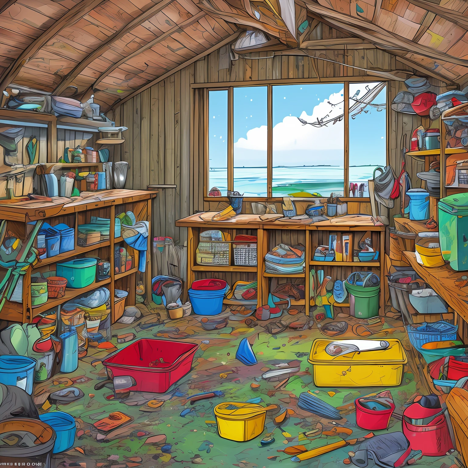 criar, estilo cartoon, Interior of a messy shed, sujo, teias de aranha