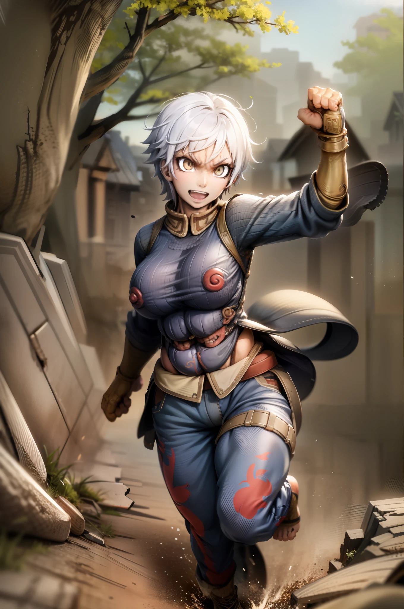 ((masterpiece, best quality)),(complex light),solo,solo focus,1girl,asura, white hair, bright eyes, furious, golden arms, simple background, jump, punch, destroyed debris background,tomboy, happy, smile, short hair, alone,portrait, walking, big breast, full body, walking, smile, happy, coat, pole-shirt, village, forest, europe, medieval village