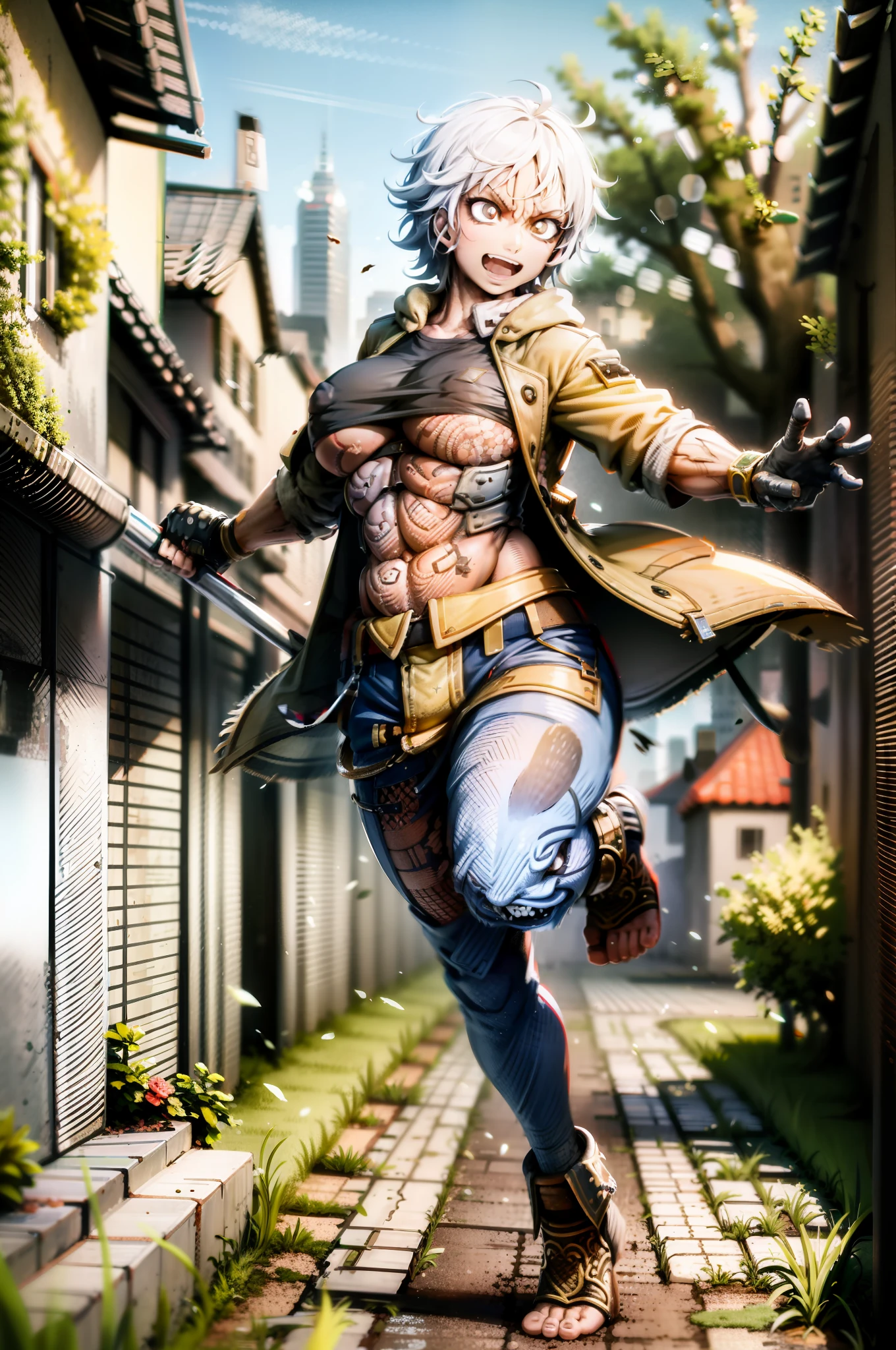 ((masterpiece, best quality)),(complex light),solo,solo focus,1girl,asura, white hair, bright eyes, furious, golden arms, simple background, jump, punch, destroyed debris background,tomboy, happy, smile, short hair, alone,portrait, walking, big breast, full body, walking, smile, happy, coat, pole-shirt, village, forest, europe, medieval village