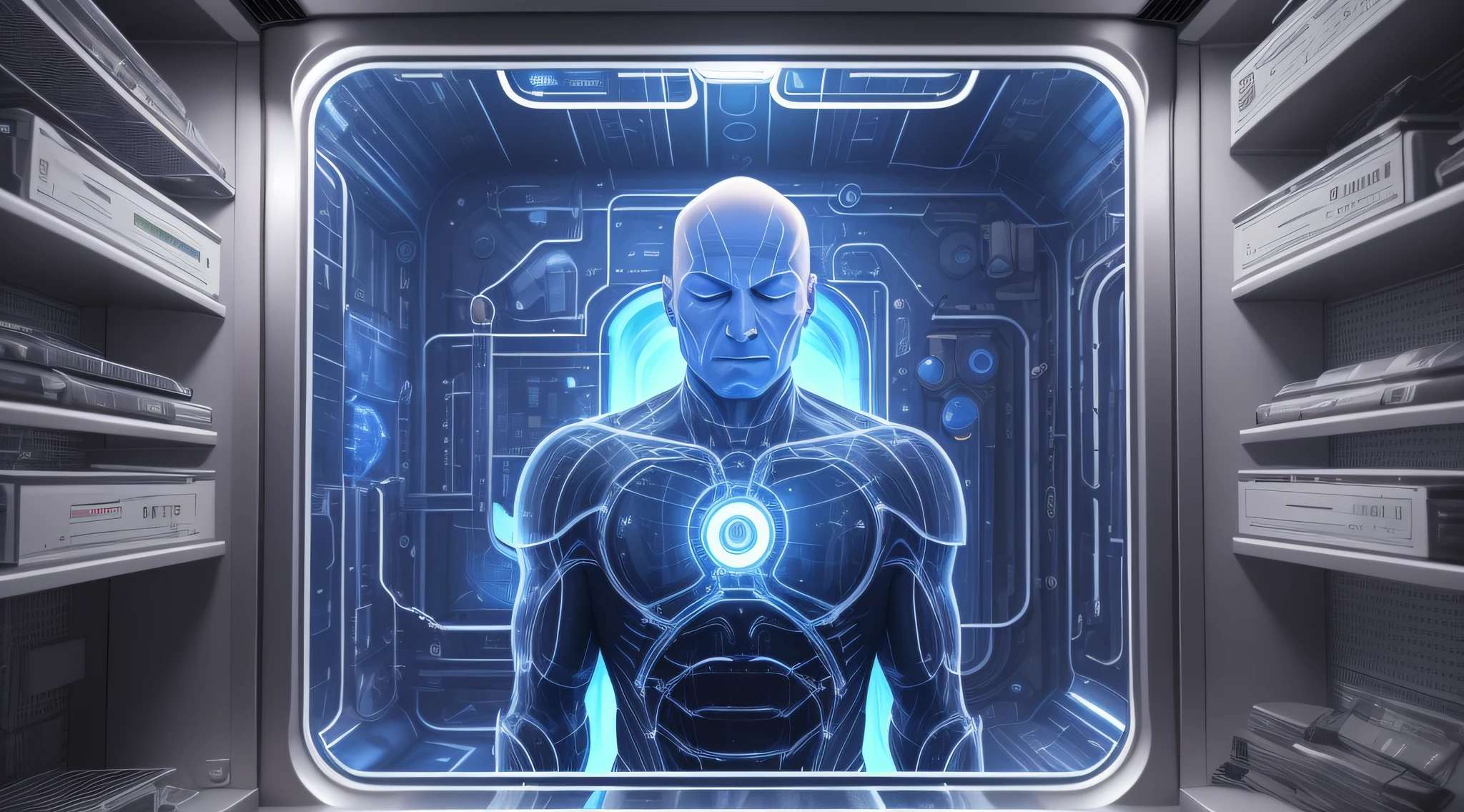 super high resolution, best quality, photo, 16k, (photorealistic: 1.2), cinematic lighting. Transport yourself to a futuristic laboratory in the year 2122, where a cryogenic chamber holds the preserved body of a man frozen for a century. As the technology finally allows for his revival, the image should capture the pivotal moment of his awakening. Show the man inside the transparent chamber, his eyes closed in deep slumber. Surround the scene with advanced machinery, glowing lights, and a sense of anticipation for his reentry into a world unimaginably changed. The man is bald and has his eyes closed. He is standing up.