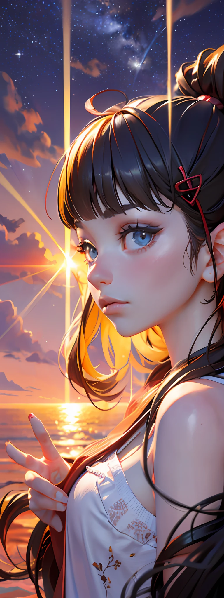 Against the background of the red moon and starry sky in the middle of the screen, there is a girl wearing a hair ornament with bangs, a double ponytail and long hair. Her eyes were yellow and the sunlight shone through her hair. It was a very beautiful sunset scene. (Type: Sunset)