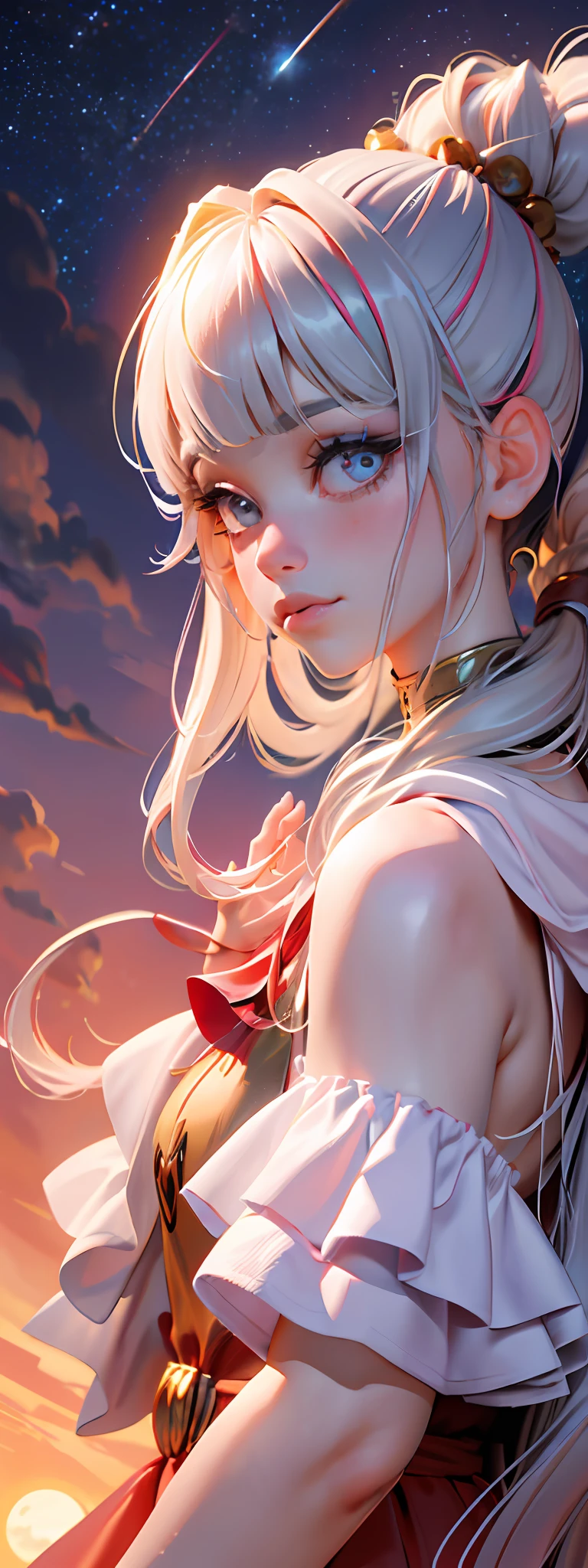 Against the background of the red moon and starry sky in the middle of the screen, there is a girl wearing a hair ornament with bangs, a double ponytail and long hair. Her eyes were yellow and the sunlight shone through her hair. It was a very beautiful sunset scene. (Type: Sunset)