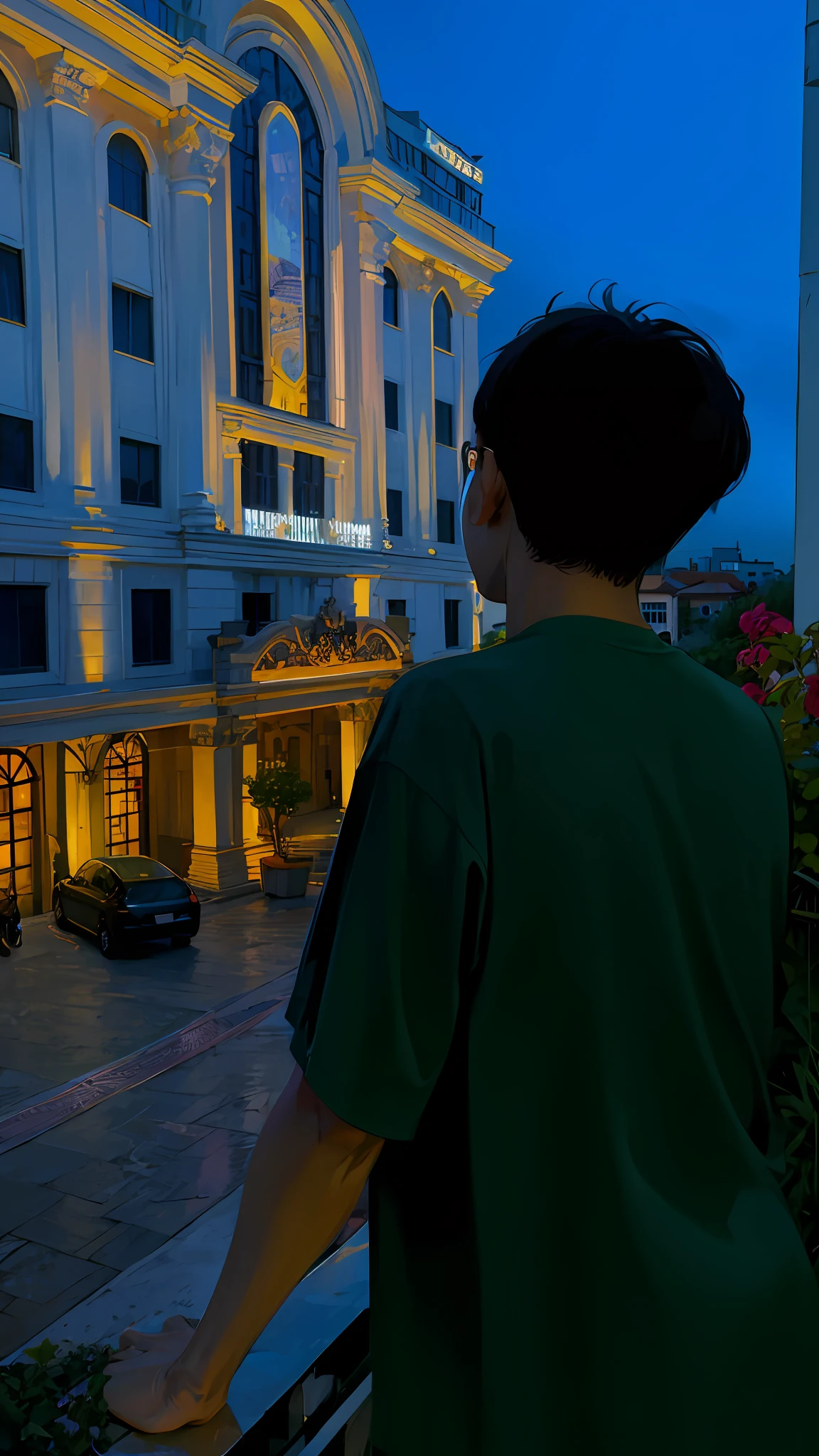 arafed man standing on balcony looking at hotel at night, during night, looking at the city, cinematic view, standing in a city center, late evening, calm night. over shoulder shot, with sunset, low - angle shot from behind, majestic masterpiece, aesthetic shot, during dawn, profile picture 1024px, early evening, looking at sunset