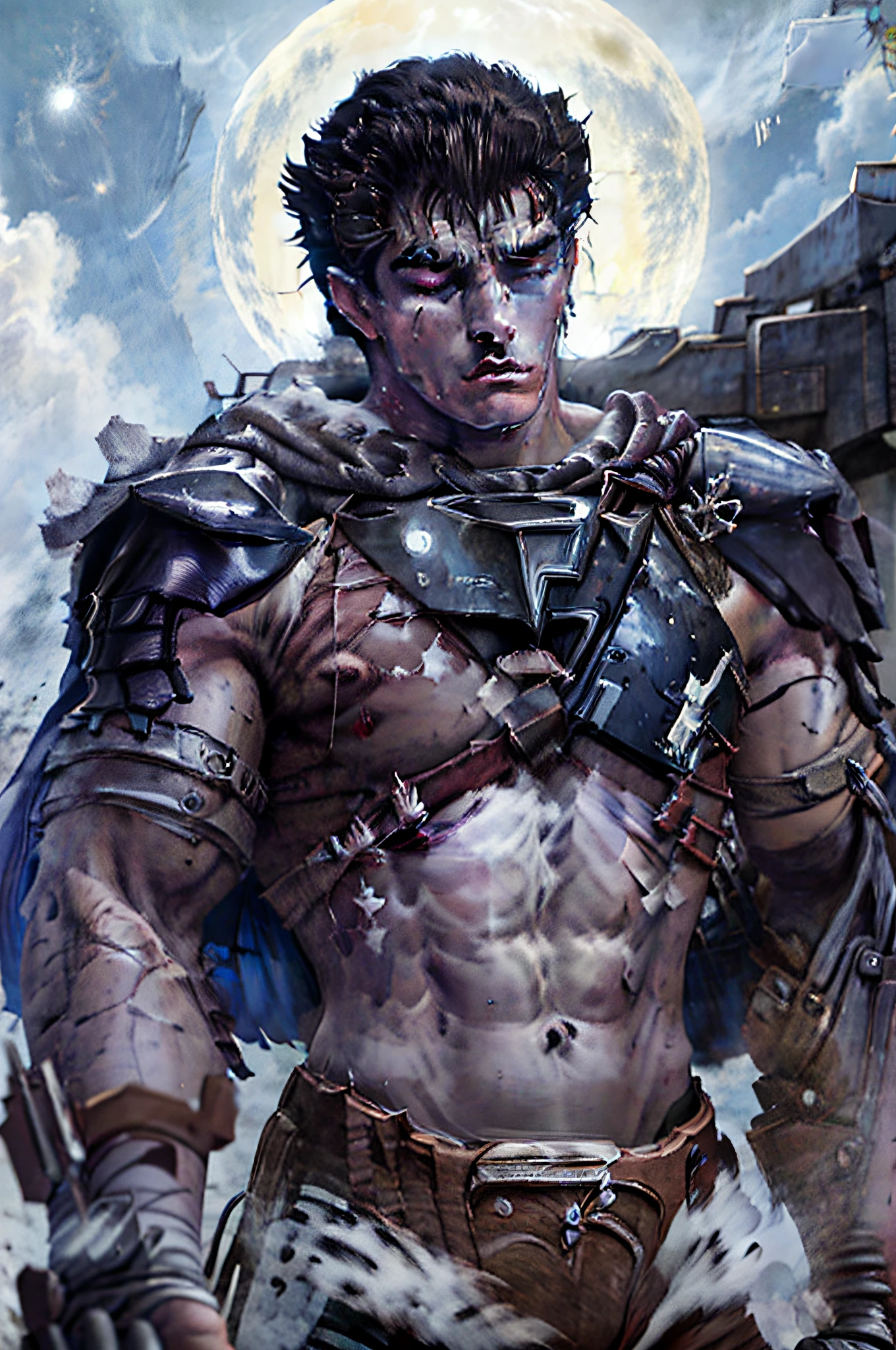masterpiece, best quality, highly detailed, guts \(berserk\), 1boy, armor, bandages, black hair, cape, full moon, huge weapon, male focus, manly, moon, multicolored hair, one eye closed, scar, solo, sword, weapon, white hair