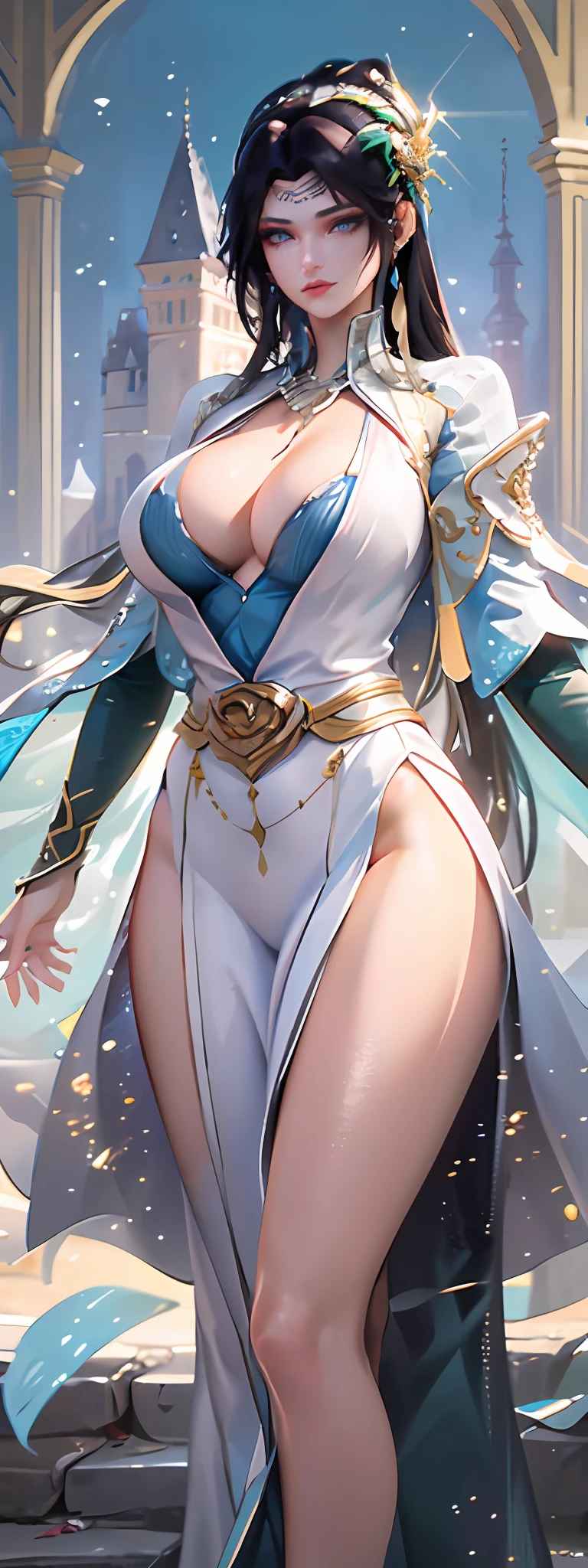 (Best quality, 4k, Masterpiece :1.3), beautiful woman, hyper realistic, 1girl, (massive breasts, attractive body :1.2), Wallpaper HD, Standing on castle, ultra-detailed face, detailed lips, detailed eyes, double eyelid, sensual low-necked dress, open neckline, hanging breasts, Walking pose, visible curves, transparent robe, muscular turned leg, shiny body