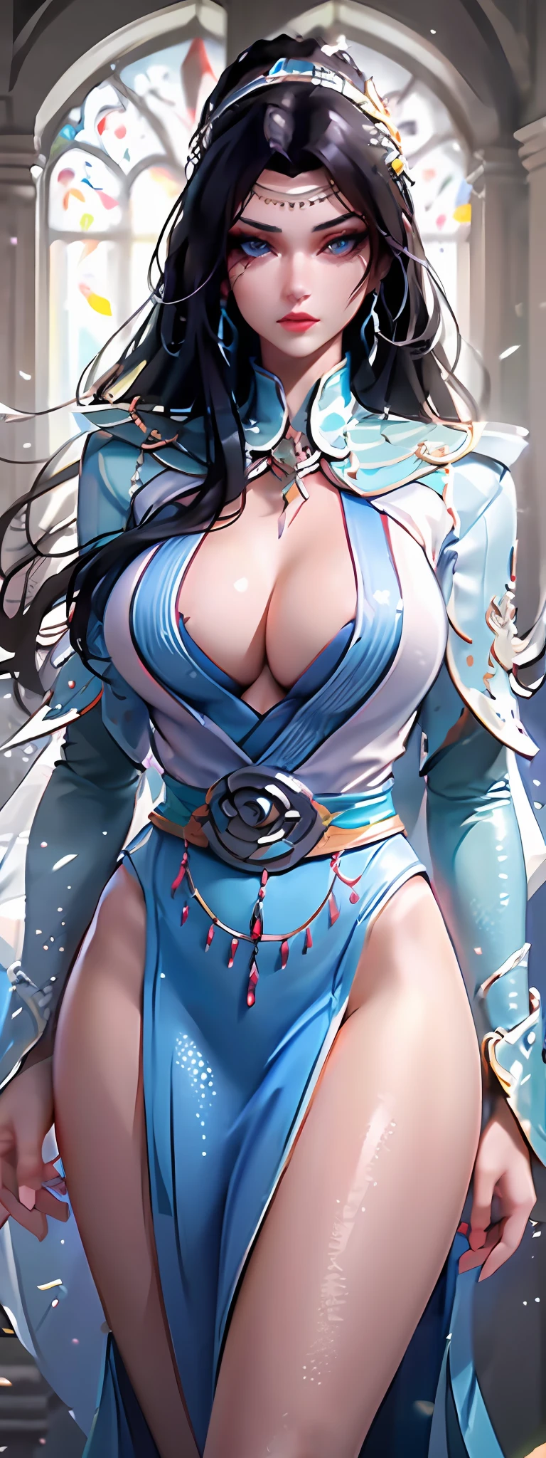 (Best quality, 4k, Masterpiece :1.3), beautiful woman, hyper realistic, 1girl, (massive breasts, attractive body :1.2), Wallpaper HD, Standing on castle, ultra-detailed face, detailed lips, detailed eyes, double eyelid, sensual low-necked dress, open neckline, hanging breasts, Walking pose, visible curves, transparent robe, muscular turned leg, shiny body
