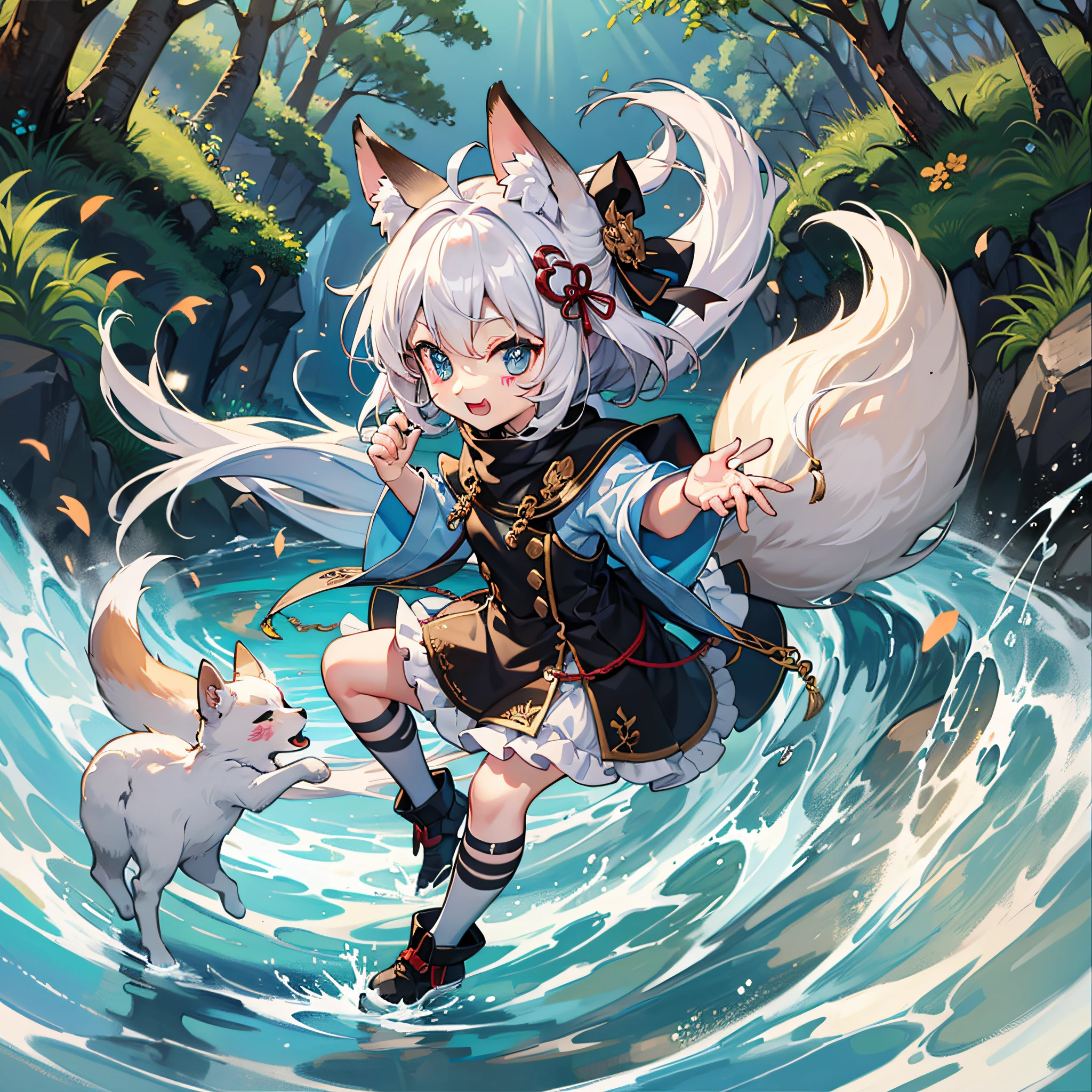 A masterpie、hig quality、high-detail、Fox、(Chibi Chara)、Deformed、Blanc、Frolicking、Looks fun、Playing、Jumping