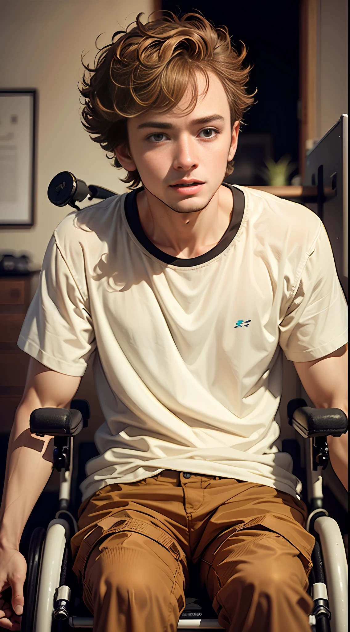 19 year old Australian guy, short curly hair, hair like Justin Timberlake from 2010, brown hair, light tan, light skin color, clean shaven, at home, in wheelchair, paralyzed like stephen hawking, cannot move legs and arms