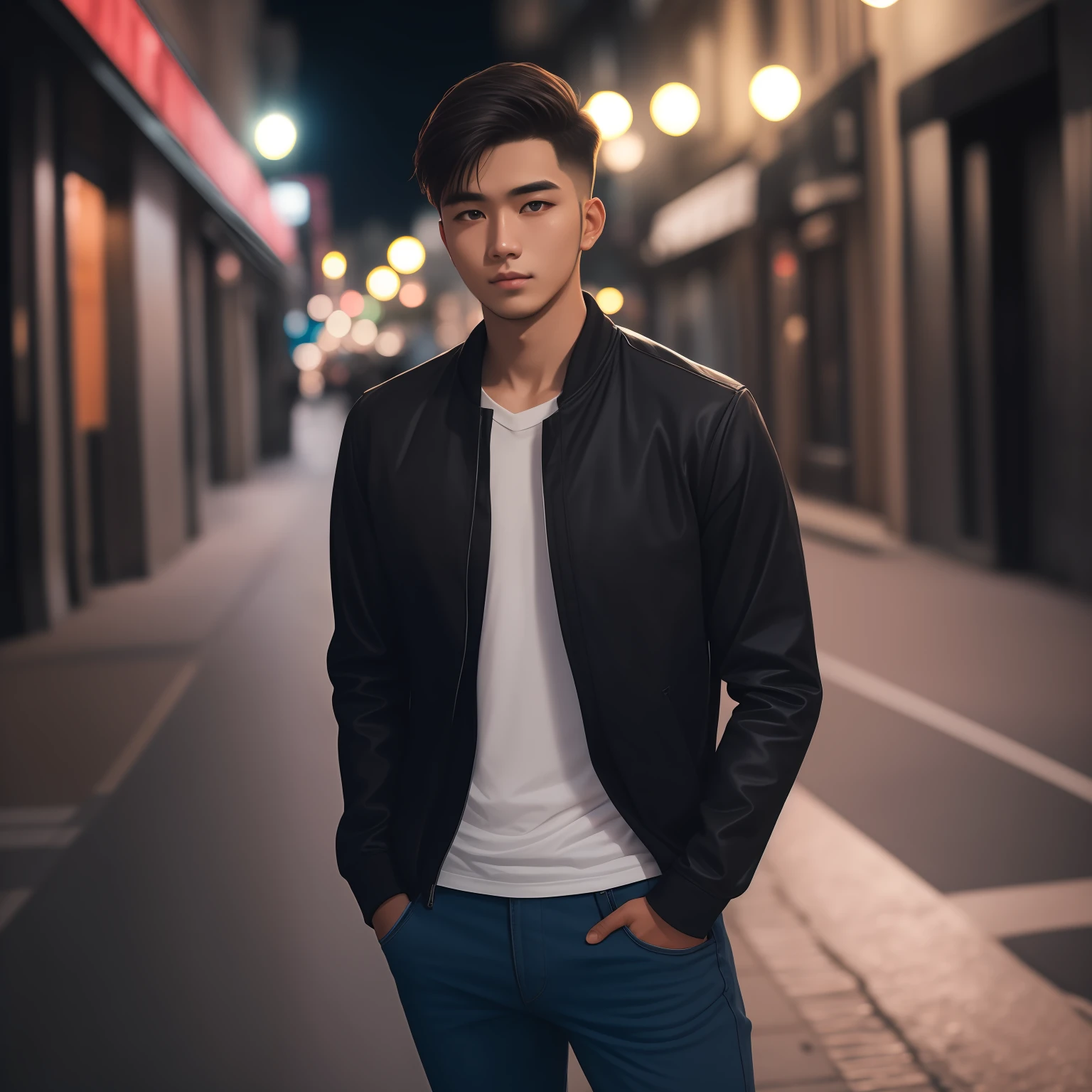 RAW photo, a portrait photo of 25 y.o man in casual clothes, night, city street, (high detailed skin:1.2), 8k uhd, dslr, soft lighting, high quality, film grain, Fujifilm XT3