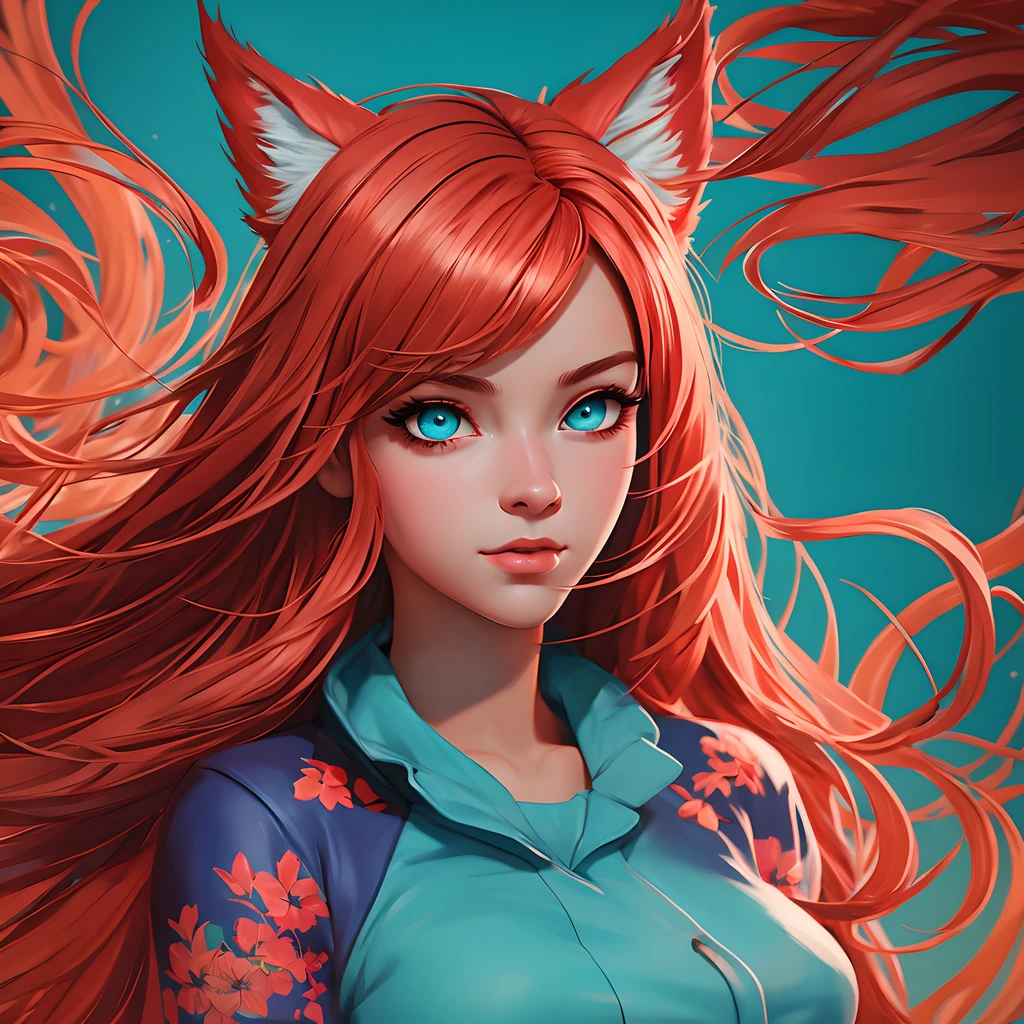 art by Alena Aenami, a blue glaring eyes, joyful ginger Ahri, minimalism, cinematic, dimmed colors, warm cyan-red-pink-orange colors, warm shot, muted colors, film grainy, lut, insane details, intricate details, hyperdetailed, closeup, twilight, skin indentation, 8k, ultra quality, art by Ilya Kuvshinov