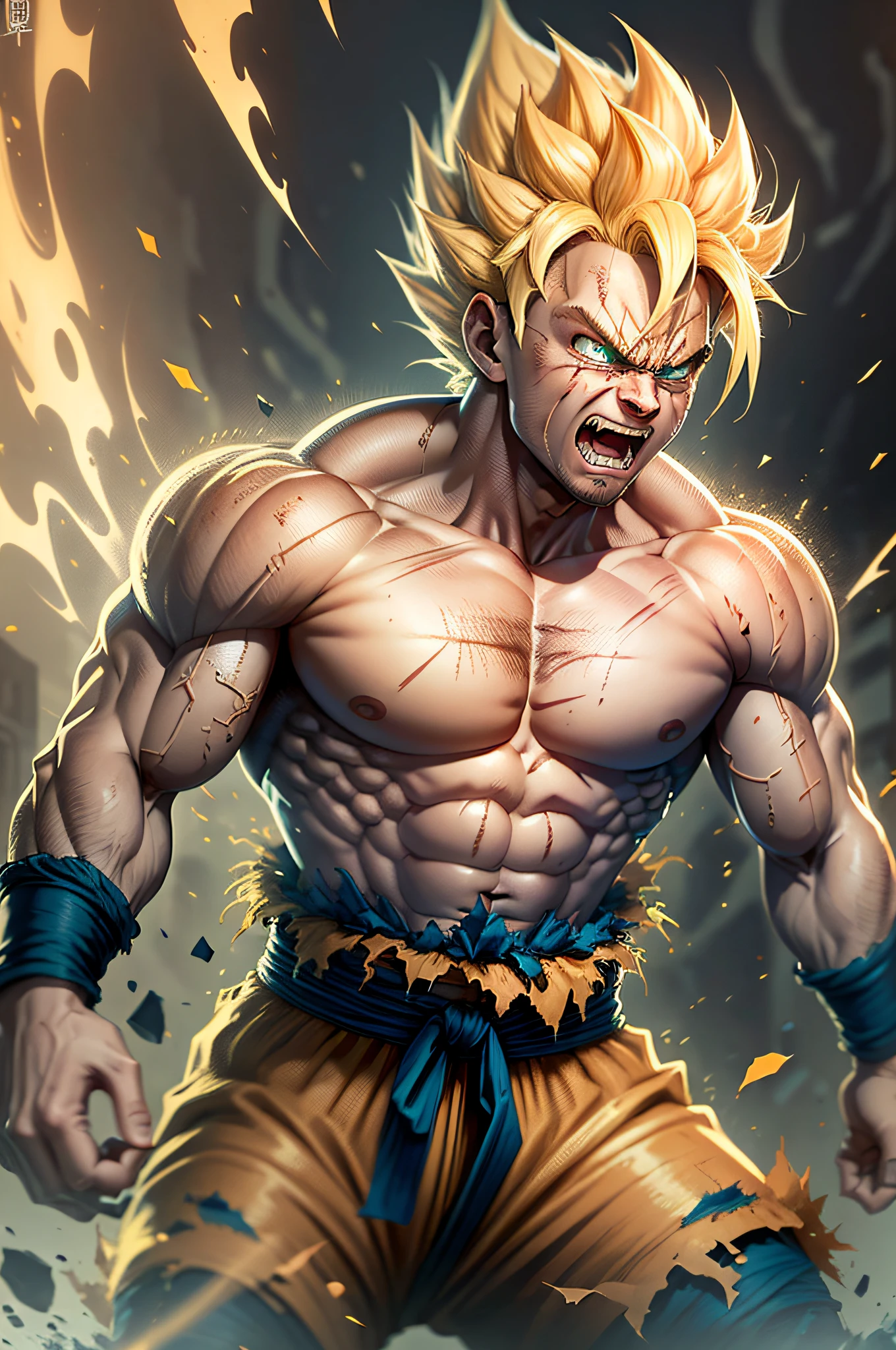 son goku, 1boy, angry, battle damage, blonde hair, blue sash, clenched teeth, furious, green eyes, male focus, muscular, muscular male, pectorals, sash, solo, spiked hair, super saiyan, super saiyan 1, teeth, topless male, torn clothes, wristband, ((masterpiece))