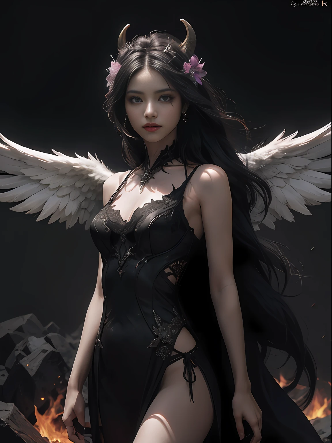(fondo de pantalla CG 8k extremadamente detallado, obra maestra, mejor calidad, ultra detallado, hermosos ojos detallados: 1.2), best lighting, (mejor sombra, An extremely delicate and beautiful flowering), 1gril, solo, ojos rojos, armadura pesada, cabello largo, espada de sostenimiento, angel wings, alas negras, joyas rojas, (alas grandes: 1.4), film filter, Satan, fuego del infierno, cuerpo completo, demonio, llama,