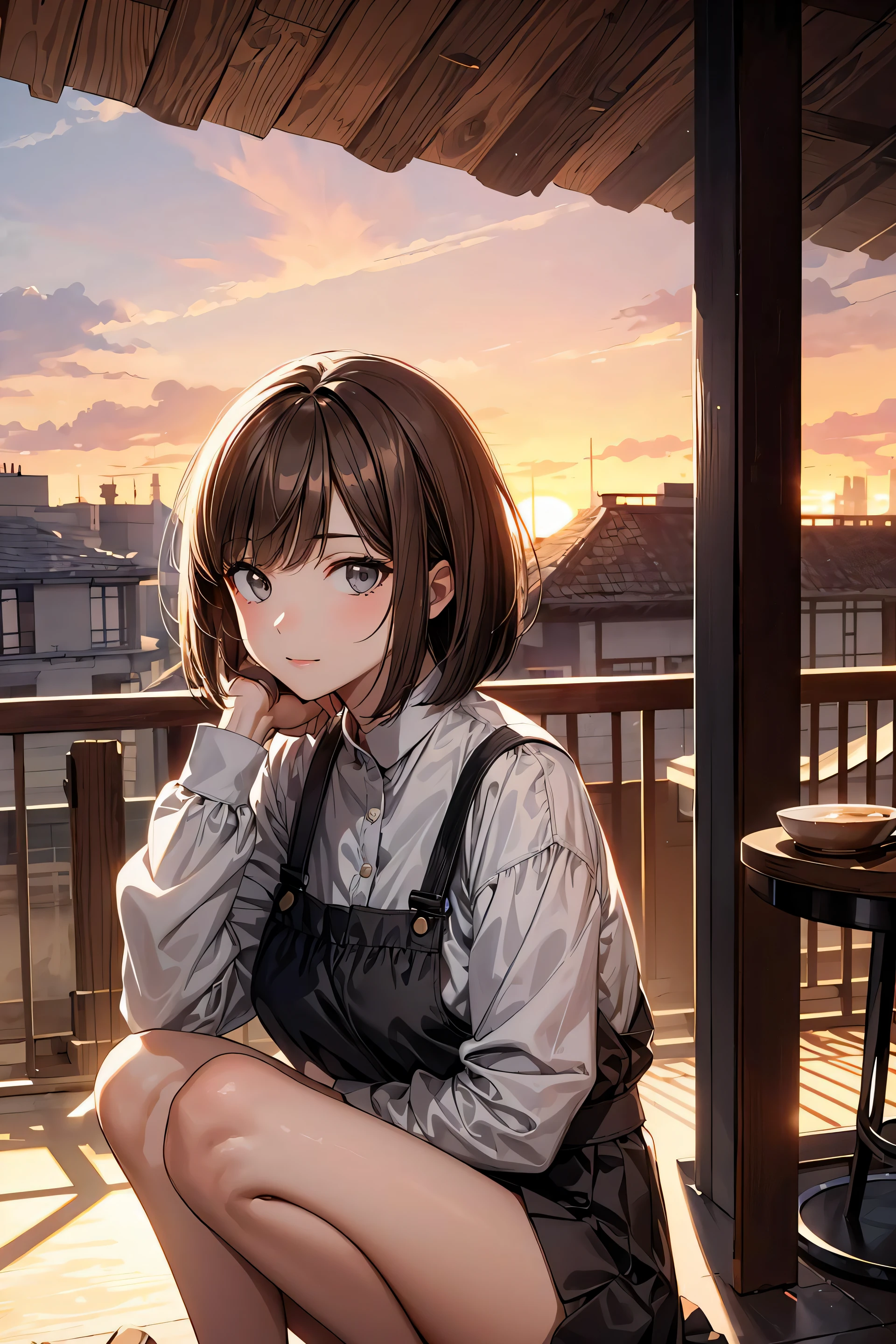 (masterpiece,finely detailed beautiful grey eyes: 1.2),(no lineart:1.2),1girl,backlighting,portrait,brown hair,bob cut,cotton ruffle shirt,sky,sunset,cafe,skirt,knees,chatting