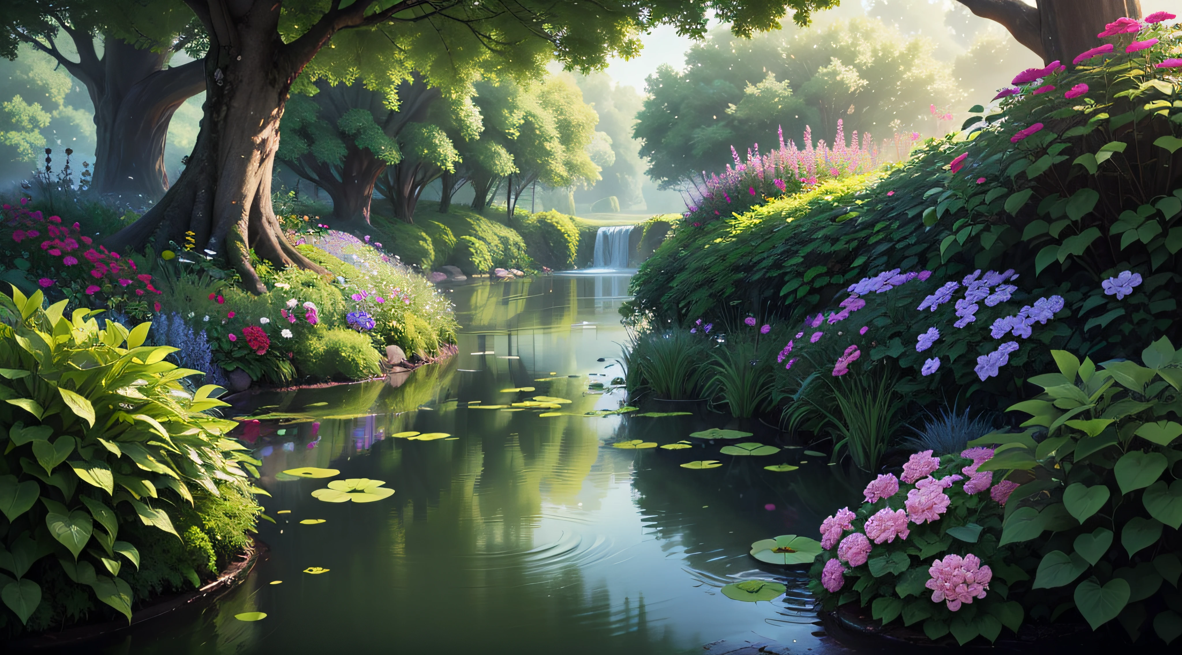 Secret garden with lake and lush flora, ultra HD