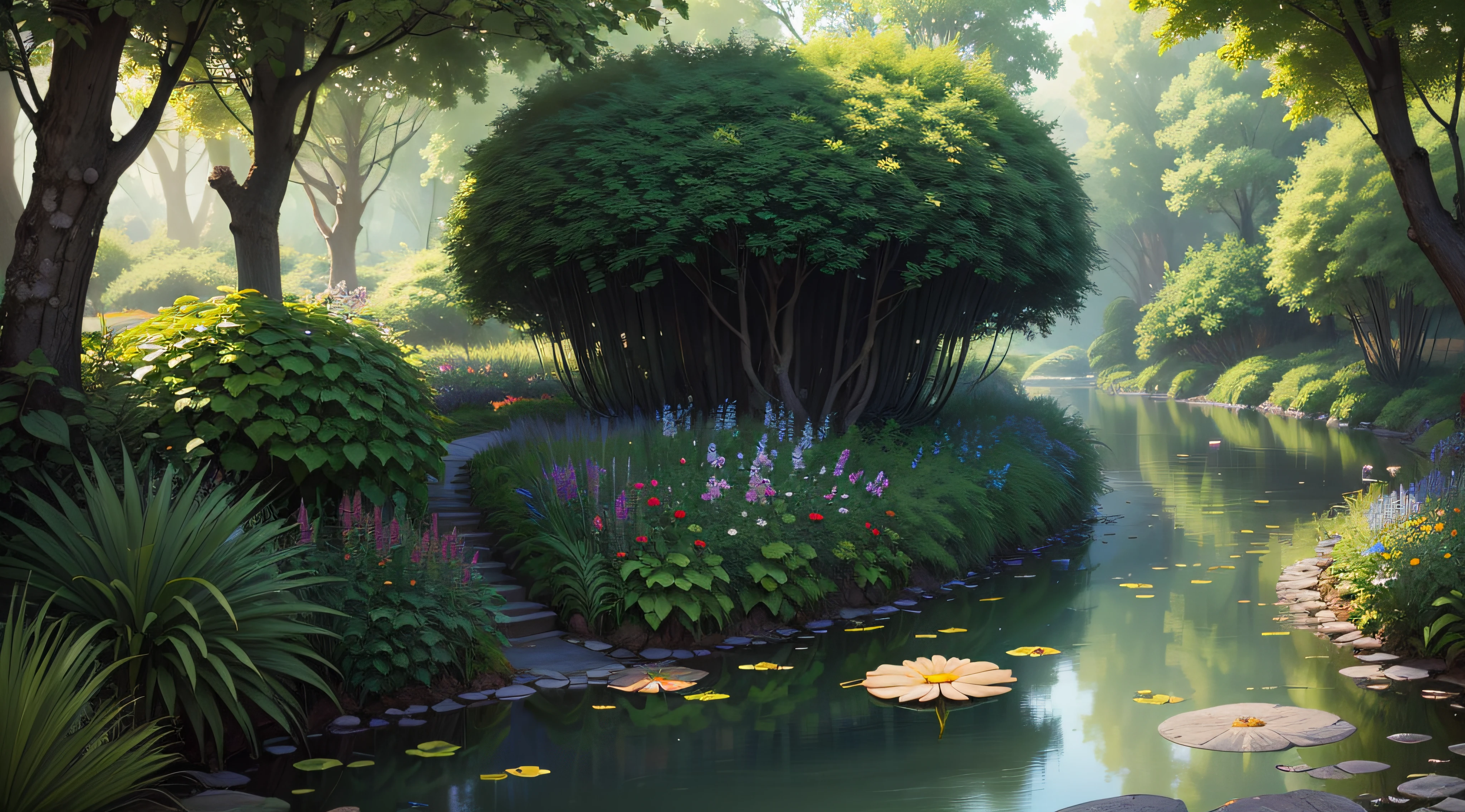 Secret garden with lake and lush flora, ultra HD