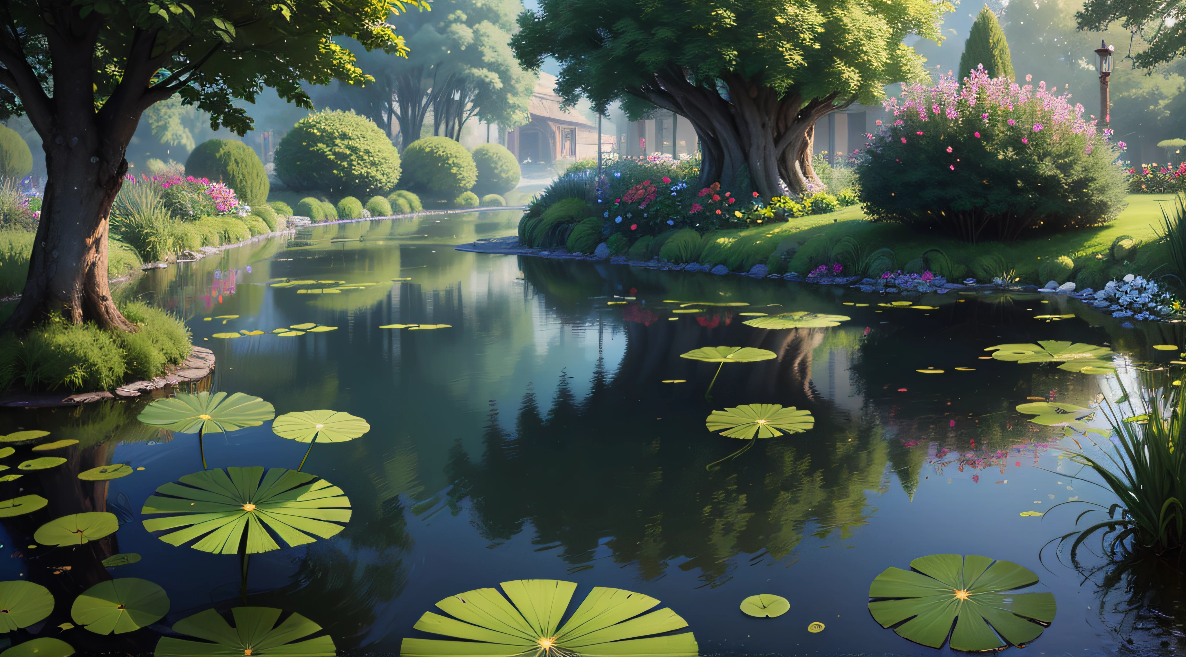 Secret garden with lake and lush flora, ultra HD
