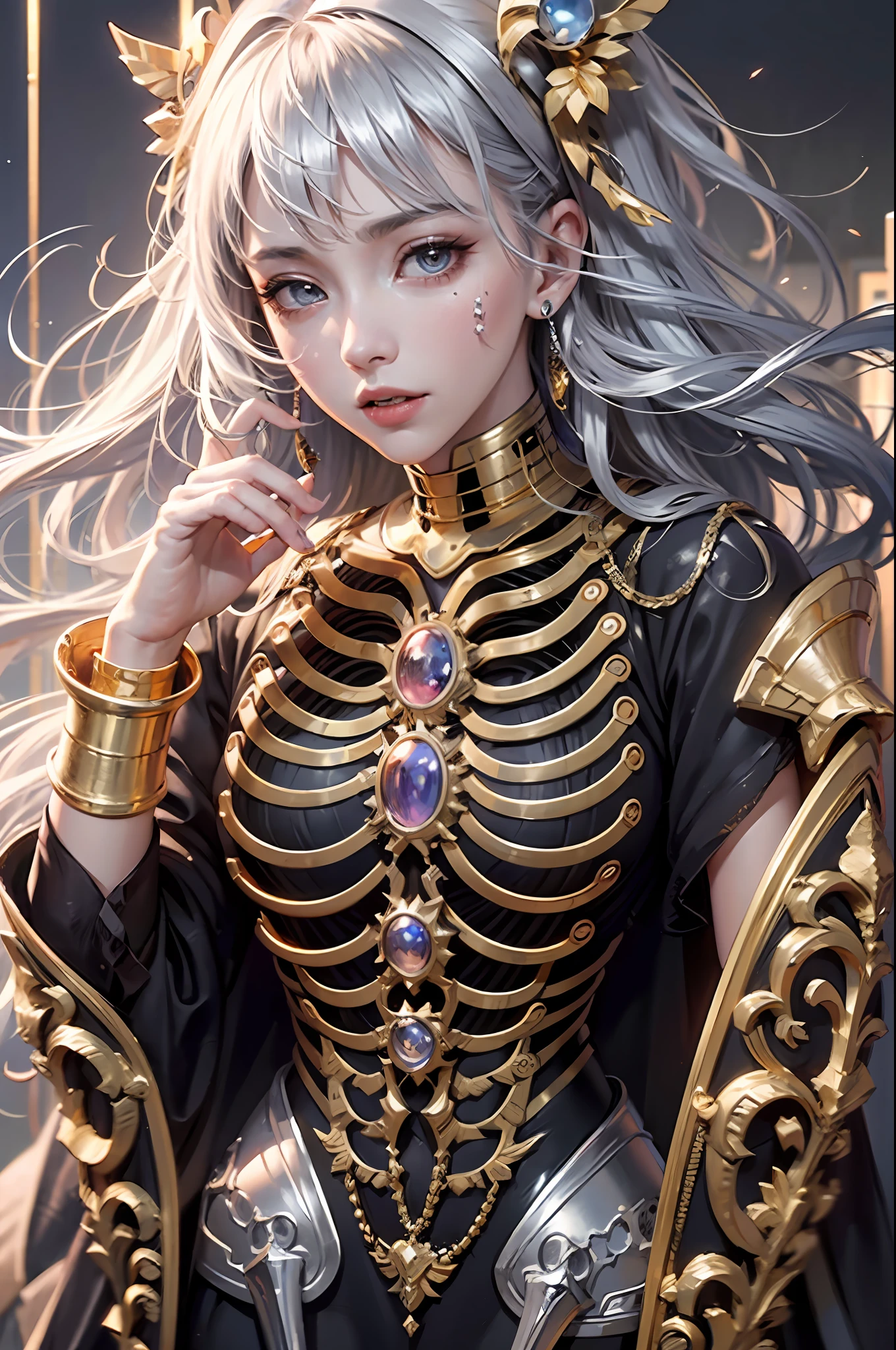 Top quality, Masterpiece, Dark Style, High resolution, (exquisite body: 1.5), Gorgeous face, (metal skin: 1.3), Intricate details, High resolution, wall paper, full body 1girl, translucent robotic body, shed tears, metal skeleton, exposed skeleton, skeletal specimen, tied to a transparent tube, ((((Gold and silver body parts)))), Big eyes, Silver floating hair, Natural pose, 16 K, ticker, Hi-Res, Depth Field, (Film Grain: 1.1), Boken, golden hour, (Lens Flare), Vignette, rainbow, (color graded: 1.5)