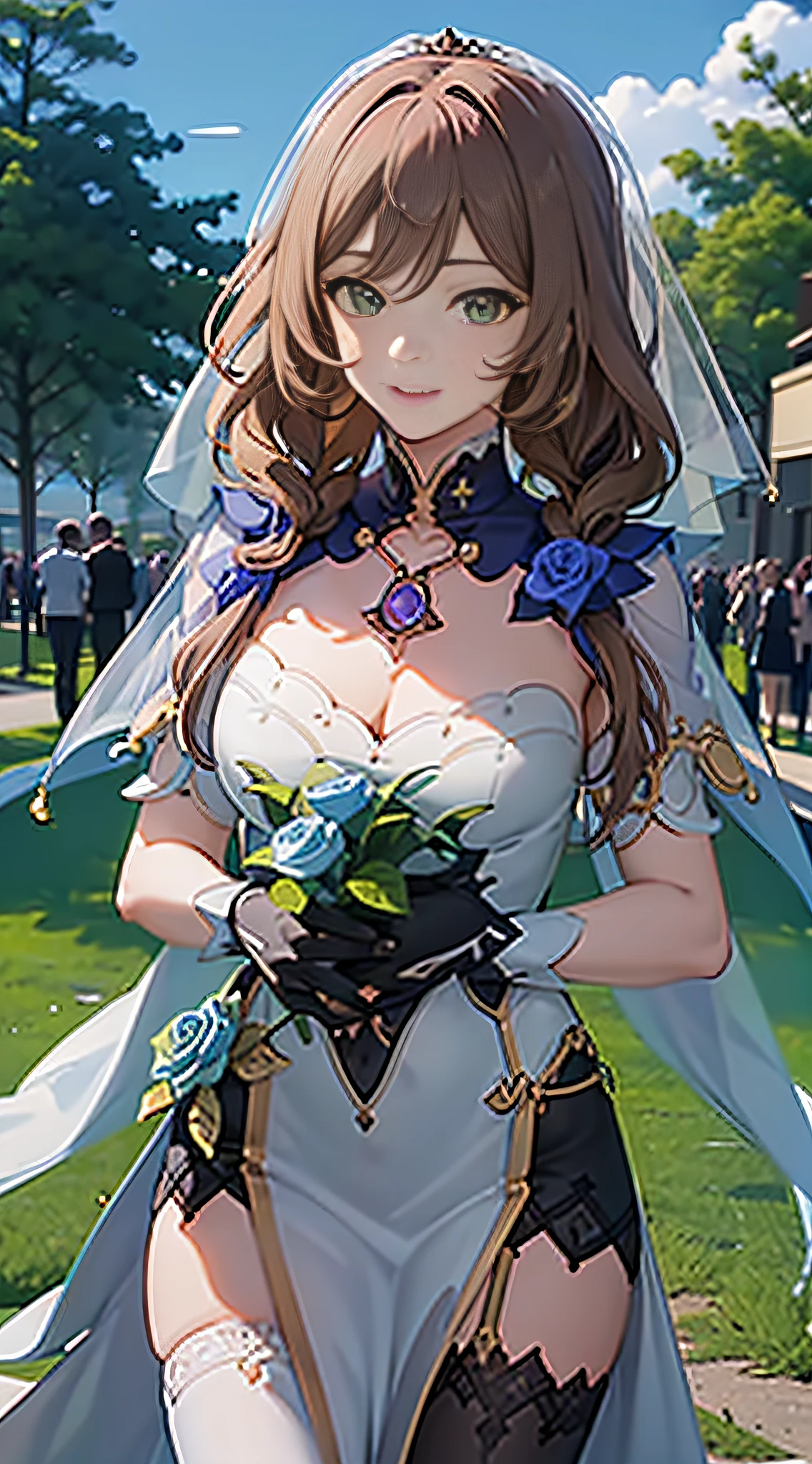 （（The Masterpiece，best qulity）），Close-up of the，Towards the viewer，look straight，facefocus，（（1 girl）），lissa\（genshin impact），{bobhair，}， （：1.4），（photo realistic：0.8）， standup，Bridal veil，wedd00ing， bridalgauntlets， bridal garter， Wedding gloves， （Smile with：1.2）， （detailedlight）， luci， colourised， Layered background， （gorgeous background）， dynamic angle， （shine）， gold hair，the sleeve，（Dark green eyes：1.2），（al fresco）， physically based render， RAW photos，highly detailed backgrounds，（photo realistic：0.8），high - resolution，（White tights），（pot plants：1.2），geyser，parque，flowerfield，holding bouquet，300K