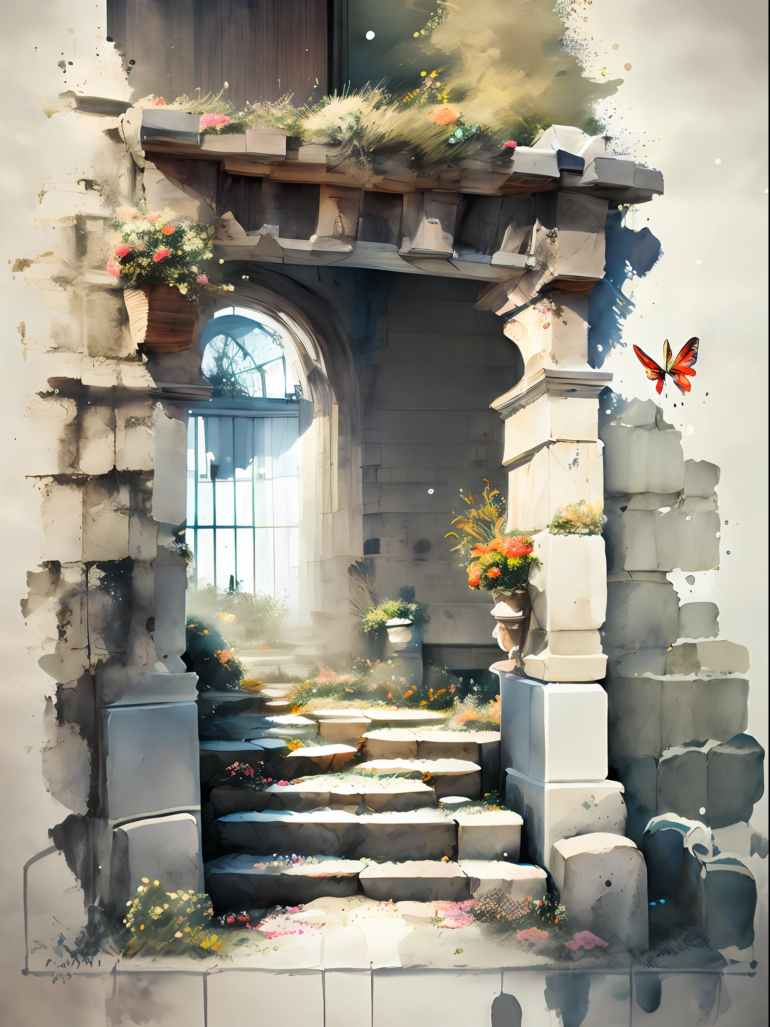 miaobishenghua , [(white background:1.5)::5], 1 girl, mid shot, full body, butterflies, flowers,floating petal,stone fragment, beautiful detailed water,cloud,sun,dusk,sunset,beautiful detailed gate,