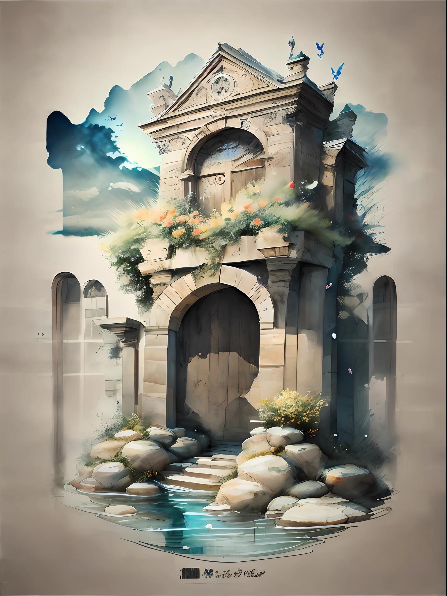 miaobishenghua , [(white background:1.5)::5], 1 girl, mid shot, full body, butterflies, flowers,floating petal,stone fragment, beautiful detailed water,cloud,sun,dusk,sunset,beautiful detailed gate,