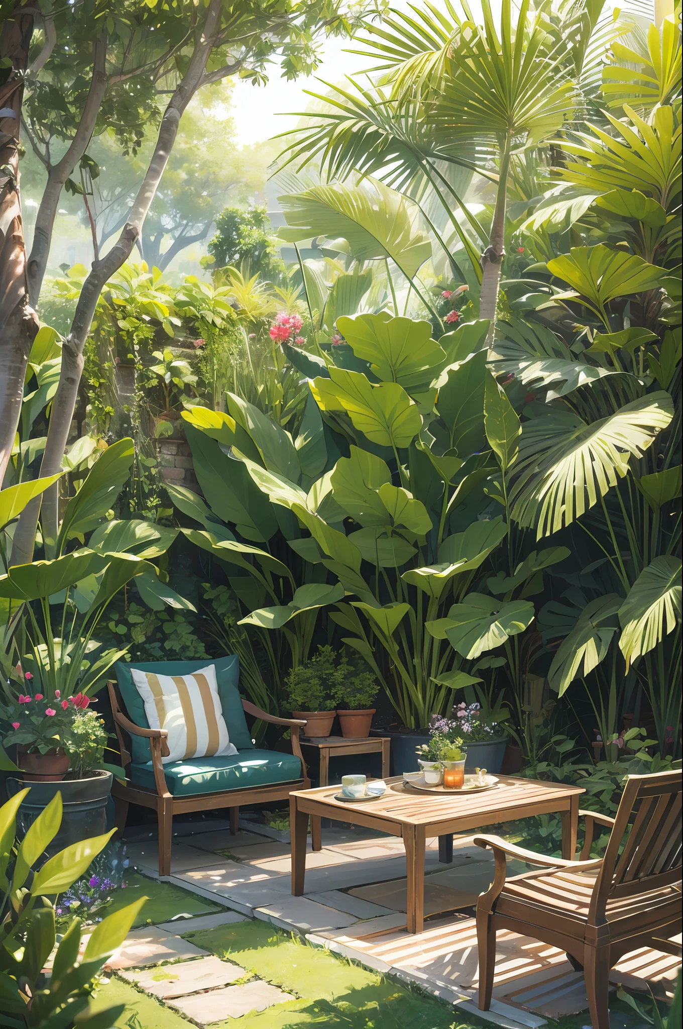 a paradise garden, with a special space with table and chairs, cozy, exotic --auto --s2