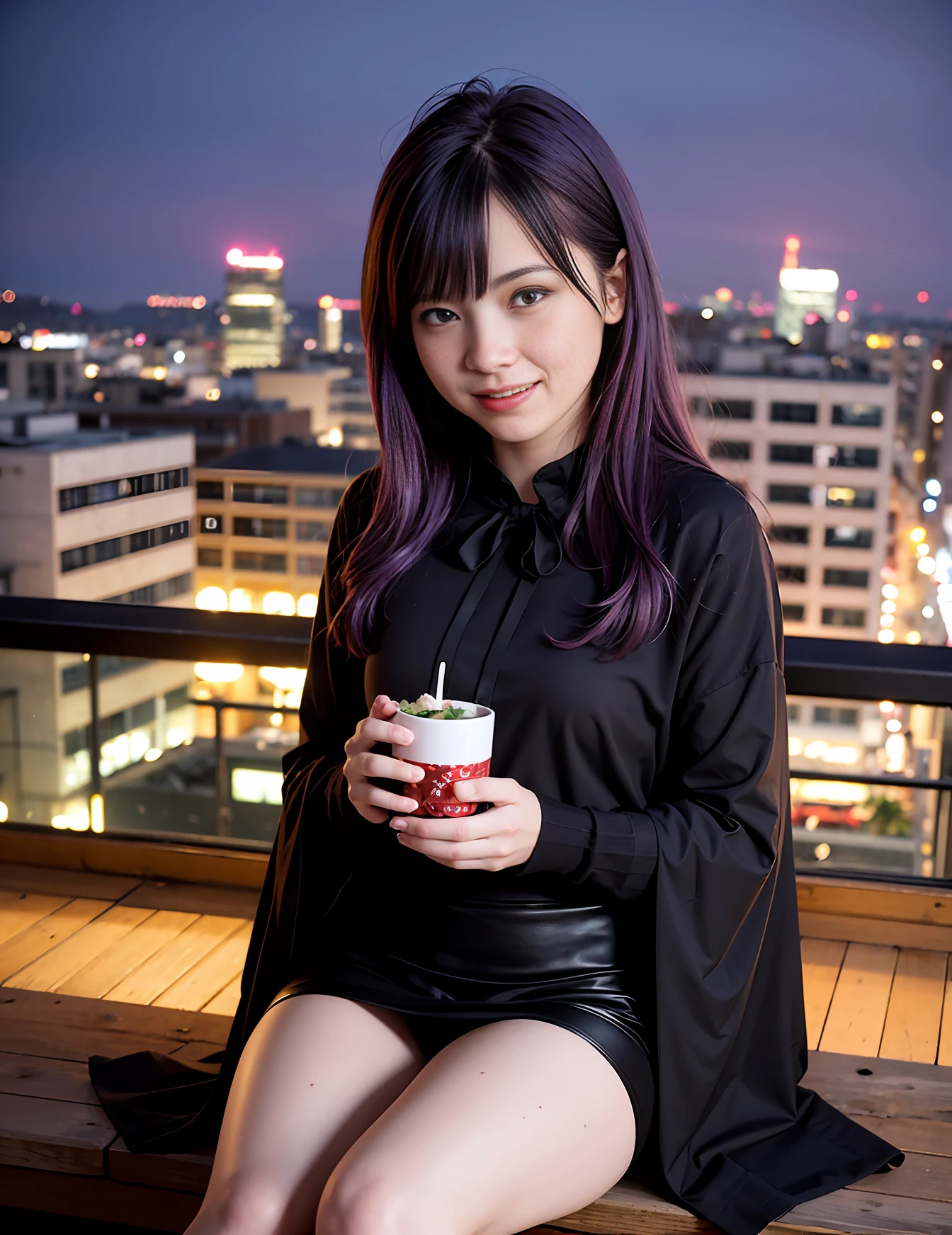 Slim body, Shallow depth of field, (high detailed skin:1.2), 8k UHD, DSLR, High quality, Film Grain, 20mp, Fujifilm XT3, 80mm, Hasselblad, Raw photo, teen girl having dinner in a rooftop, city lights background, Smiling, ((Purple hair)), Black Cape, sitting

Steps: 30, Size: 672x872, seed: 9