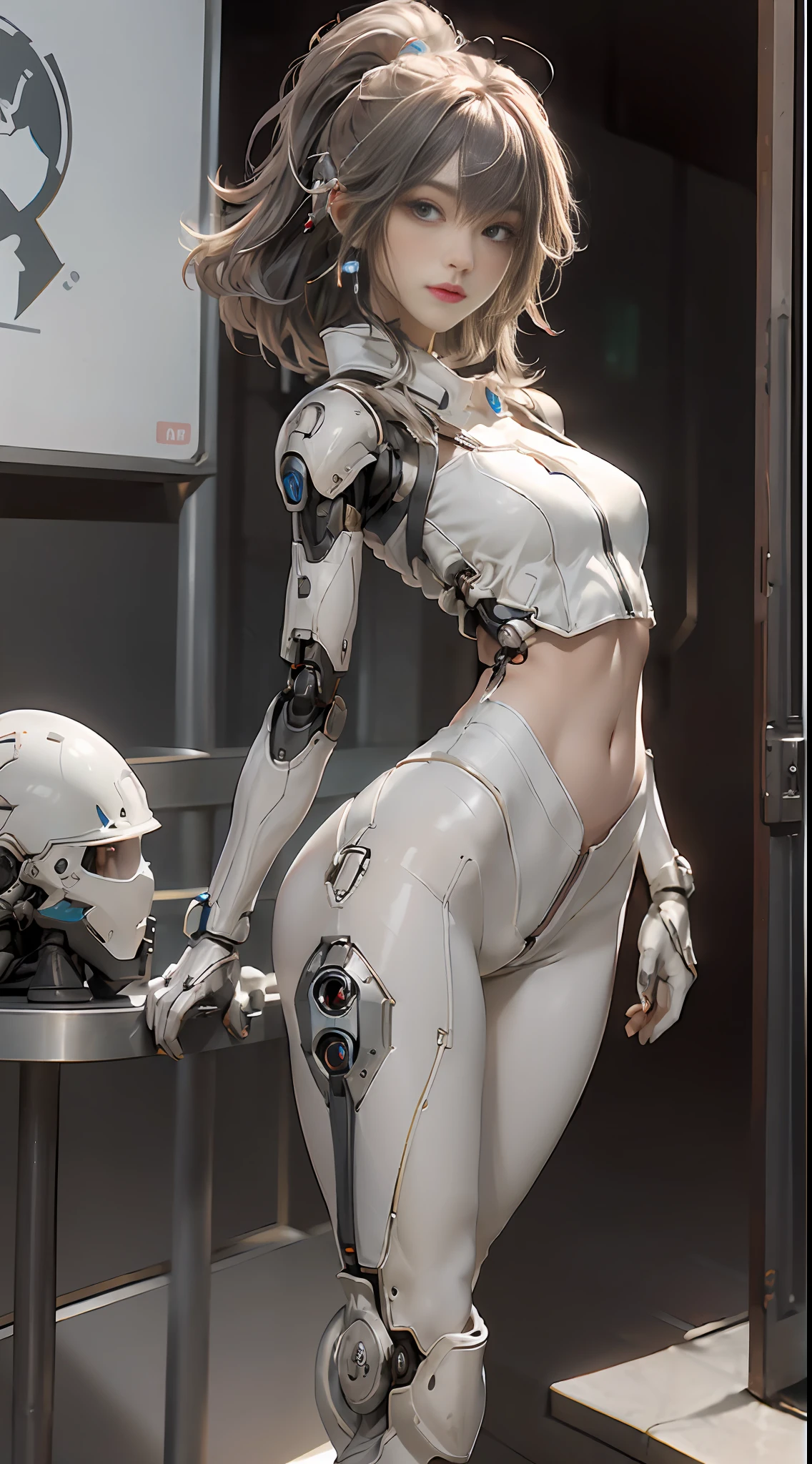 future city with a robot background, silver color, head and full body, Extremely cute human  girl face, human torso, human huge boobs, human abdomen, human hips, mechanical arms, mechanical legs, arms and legs with hard white shiny shell and black joints, very beautiful and feminine, short, petite, small, small, busty buttocks, medium bust, cleavage display, flat belly display, partial helmet with antenna on the ear, black robot joints, very stylish, award-winning product design, black rubber tights, The shiny white metal breastplate opens at the cleavage and abdomen, the white metal buttocks are wrinkled, and the armor has stylish, glowing trims