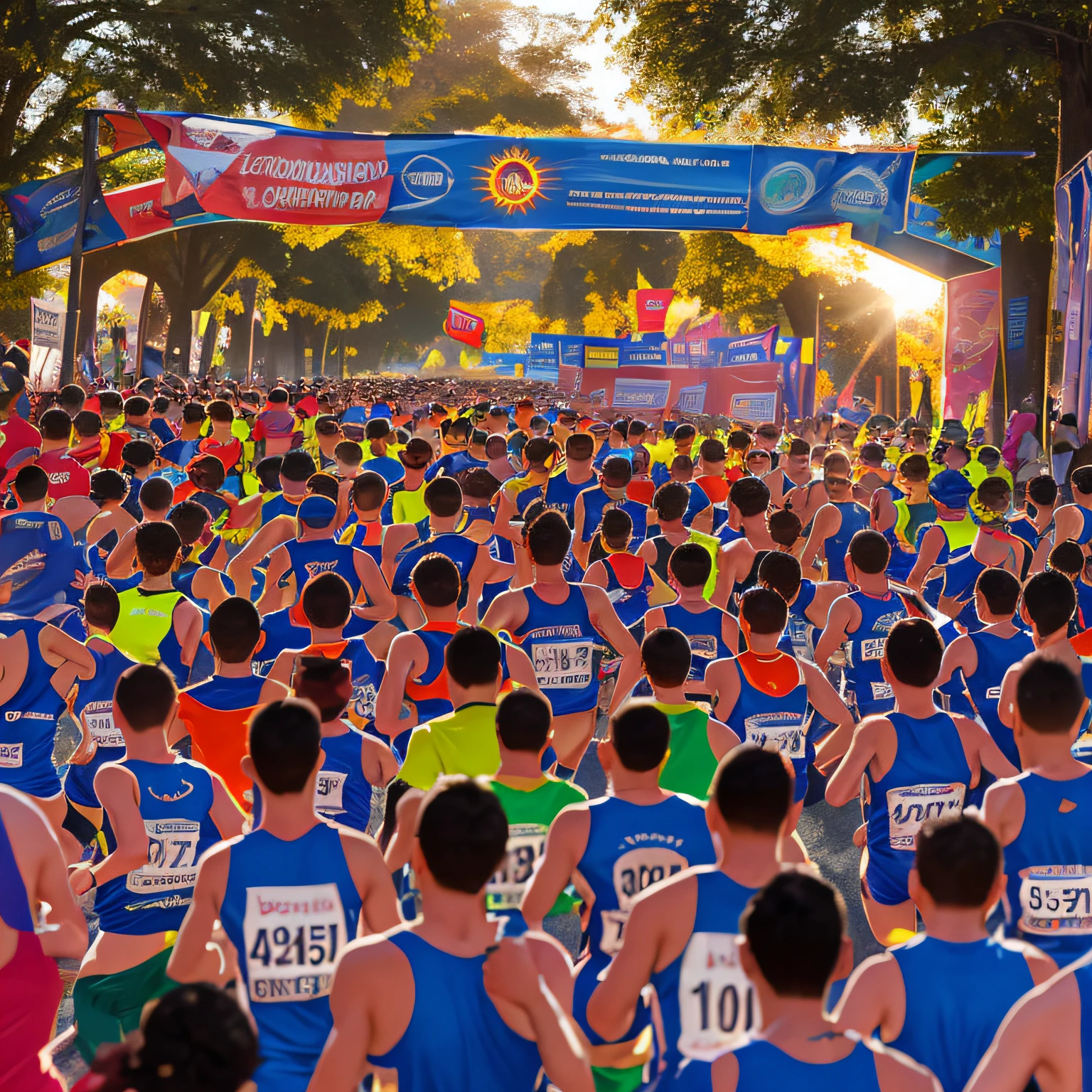 Corrida de maratona ensolarada, Corrida lotada com espectadores entusiasmados, Atmosfera vibrante e animada, Competitive spirit among runners, Capturing the sense of accomplishment, Energetic and determined runners, Engaged and supportive fans, High energy and excitement in the air, Competitive expressions and body language, Celebration and joy at the finish line, Luz solar brilhante e natural, Sunlight creating dynamic shadows, Backlighting to highlight the corridors, warm sunlight creating a celebratory atmosphere, Dynamic tracking shot following runners --auto --s2