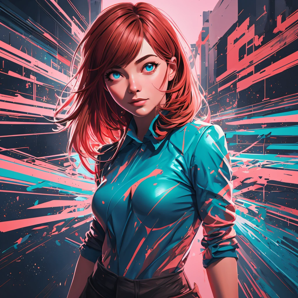 particle painting, artwork by Jeremy Mann, detail vector art, loose brush effect, luminance, ultra warm very bright pastel colors, perfect hips, Riuko Matoi stretching, luminous, warm copper hair, pale, blue eyes, vector art, hazed out, artwork by Ilya Kuvshinov, bright orange-pink car show background