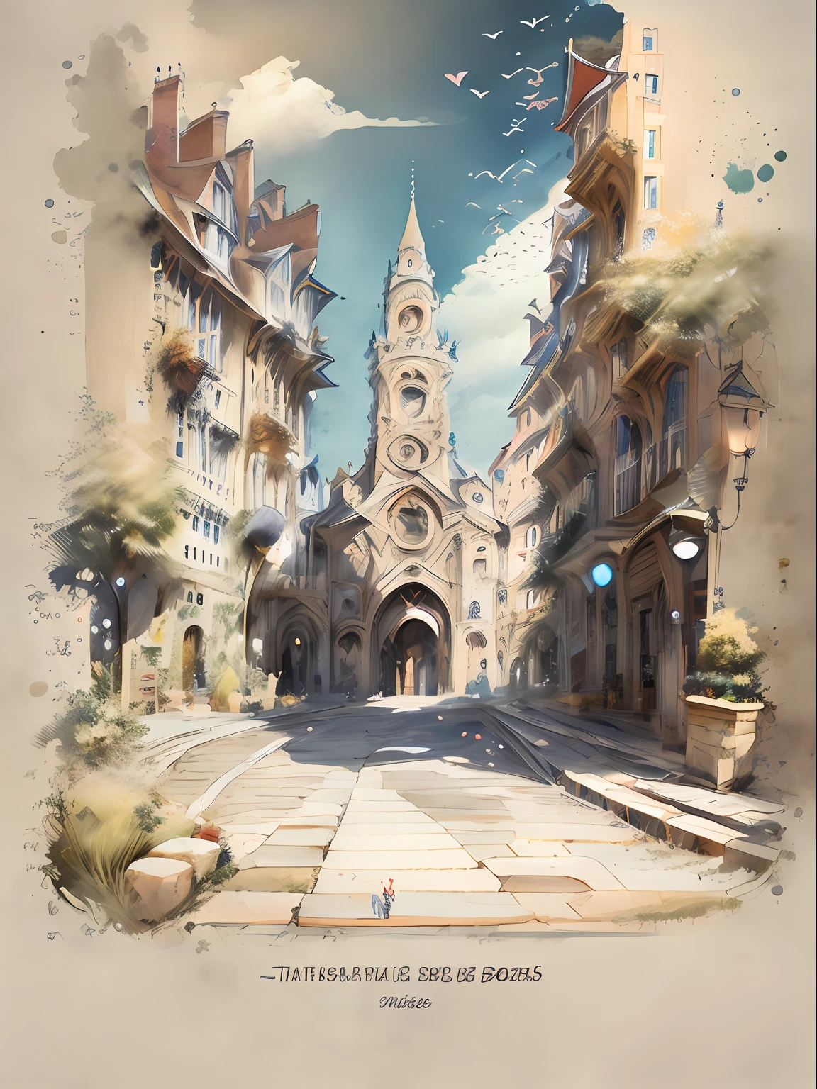 miaobishenghua, [(fondo blanco: 1.5)::5], ung girl, plano medio, cuerpo completo, mariposas, flores, floating petal, fragmento de piedra, hermosa agua detallada, nube, sol, atardecer, puesta de sol, hermoso portico de Catedral detallado,