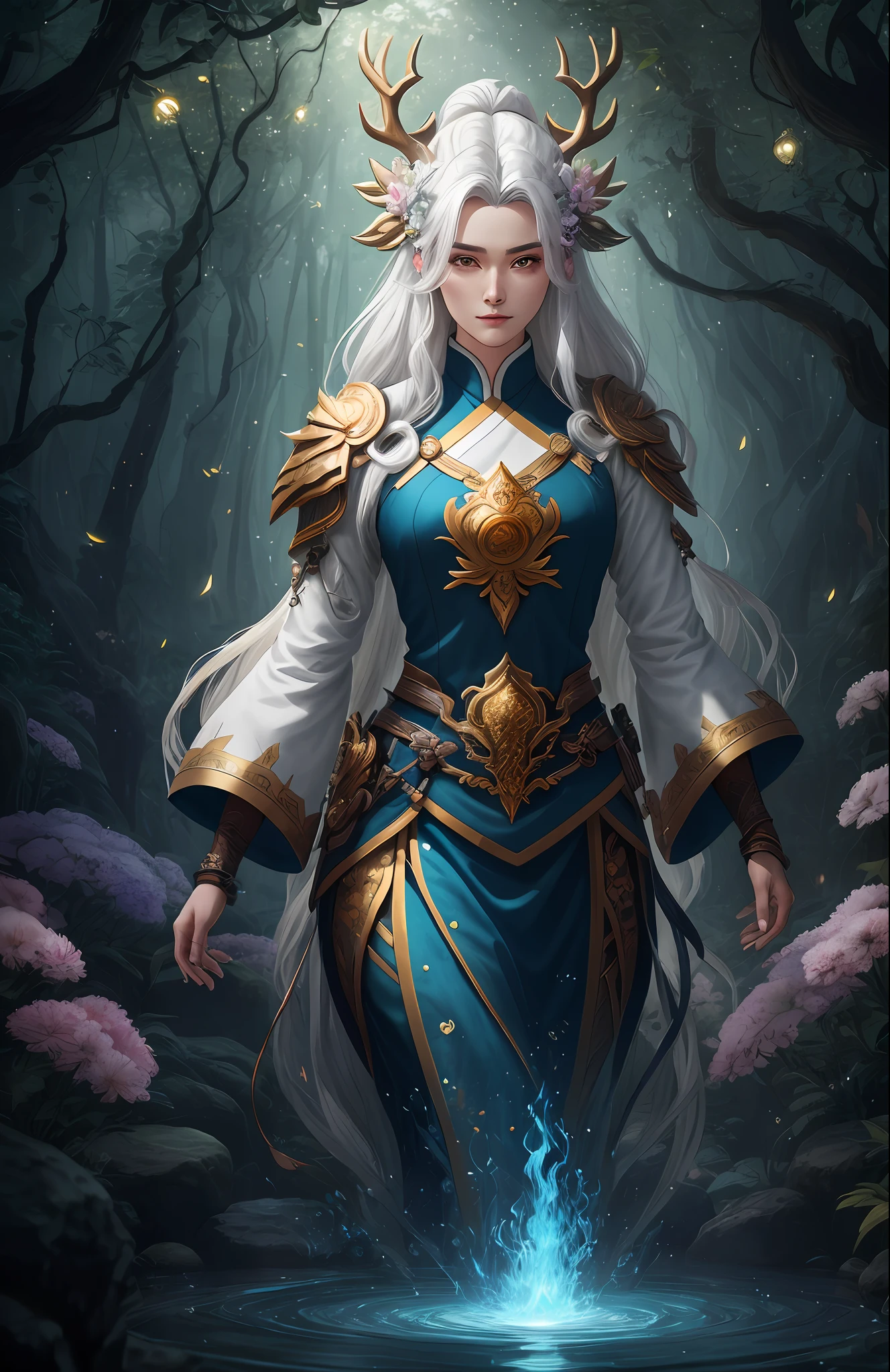 Masterpiece, best quality, (very detailed CG unified 8k wallpaper), (best quality), (best illustration), (best shadow), close-up of a beauty with white hair and white mask, beautiful figure painting, Guvitz, Guwiz style artwork, white-haired god, Yang J, epic exquisite character art, amazing character art, Fan Qi, Wu Zhun Shifan, Guwiz in pixiv art station, glowing elf, with a glowing deer, drinking water in the pool, Natural elements in forest theme. Mysterious forest, beautiful forest, nature, surrounded by flowers, delicate leaves and branches surrounded by fireflies (natural elements), (jungle theme), (leaves), (branches), (fireflies), (particle effects) and other 3D, Octane rendering, ray tracing, super detailed