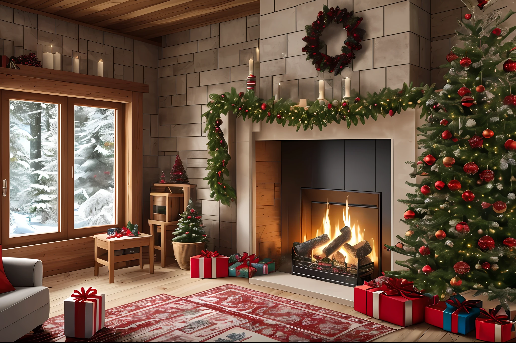 (Wonderful Artwork), Best Quality, Ultra High Detail, Highly Detailed 8K Wallpaper, Most Beautiful Illustration. The scene shows the interior of a cabin at Christmas. The focus is on the festive atmosphere, where Christmas decorations dot the entire cabin, illuminating every corner. You can see the fireplace burning and the gifts under the tree, but there is also a feeling of tranquility and peace in the scene. The camera angle is dynamic yet balanced, and the blue and red colors pop alongside the warm, soft light. Also, There are details of snow outside the house, and the textures and patterns are outstanding.