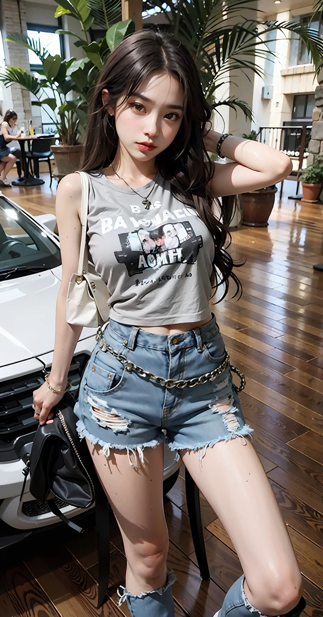 araffe woman in denim shorts and boots posing for a picture, short jeans, chrome outfit, 2 0 2 0 fashion, silver color, Sleeveless, denim short shorts, Casual clothes, casual clothing, 🤬 🤮 💕 🎀, wearing a cute top, Grey, cute top, jeans and t shirt, dressed in a top and shorts, wearing a designer top