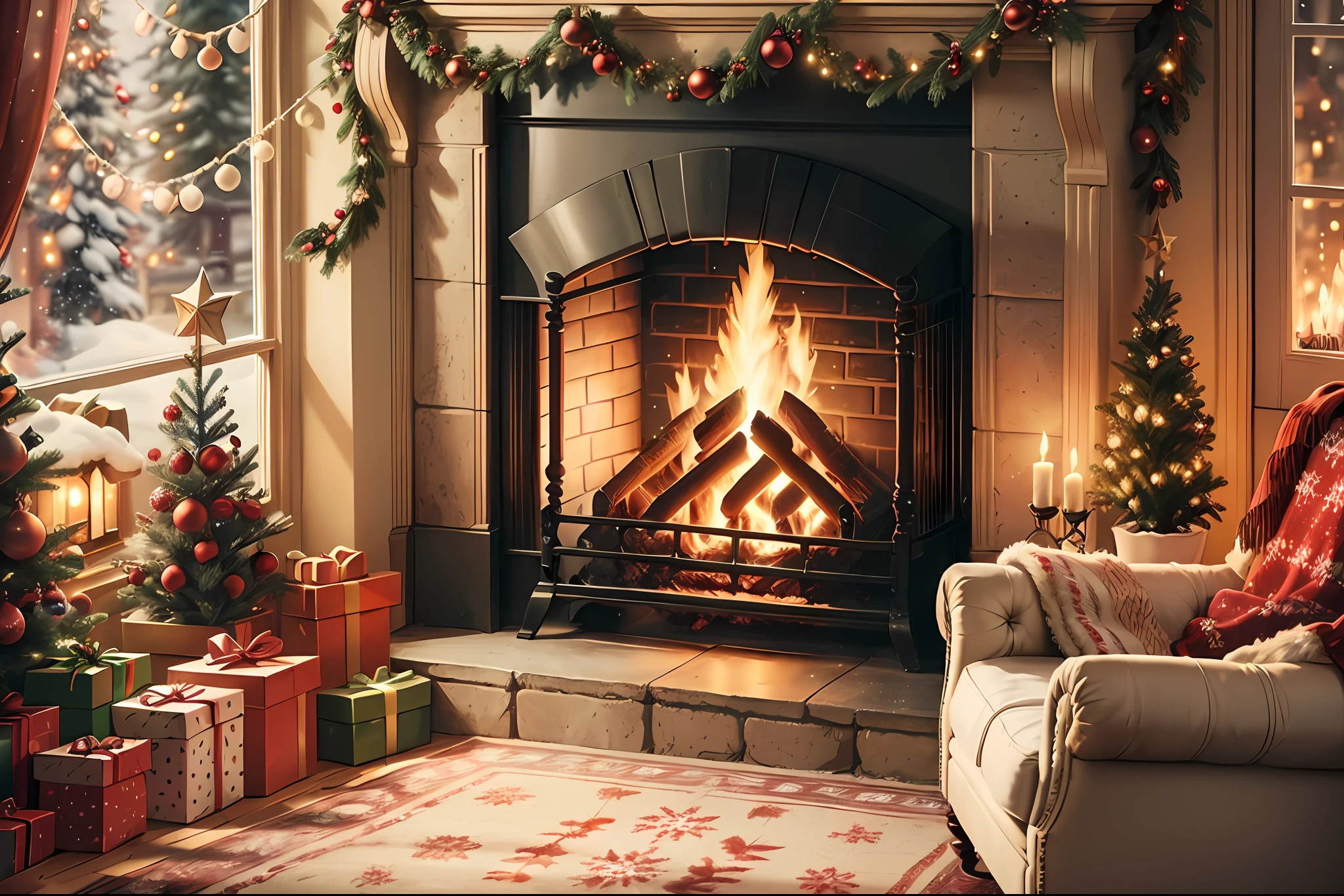 (Wonderful Artwork), Best Quality, Ultra High Detail, Highly Detailed 8K Wallpaper, Most Beautiful Illustration. The scene shows the interior of a cabin at Christmas. The focus is on the festive atmosphere, where Christmas decorations dot the entire cabin, illuminating every corner. You can see the fireplace burning and the gifts under the tree, but there is also a feeling of tranquility and peace in the scene. The camera angle is dynamic yet balanced, and the blue and red colors pop alongside the warm, soft light. Also, There are details of snow outside the house, and the textures and patterns are outstanding.