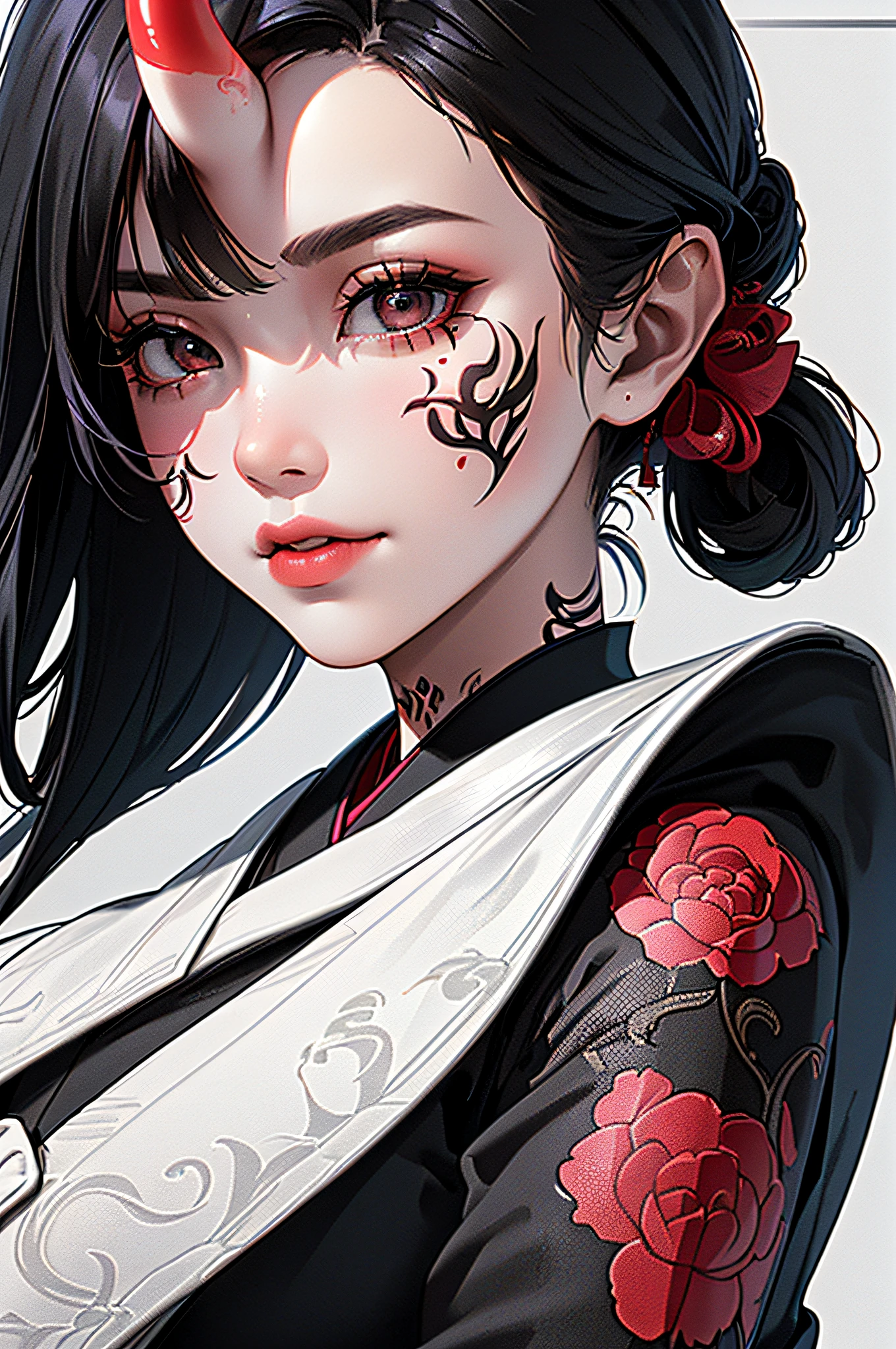 (photorealistic:1.3), masterpiece, best quality, (intricate details:1.2), (scenery:1.3), beautiful face, (black theme:1.3), 
(((1girl, a girl in patterned kimono holding a dagger in her hand, (look at veiwer:1.3), (face tattoo:1.2), small oni horn, 
))), full body, split in half