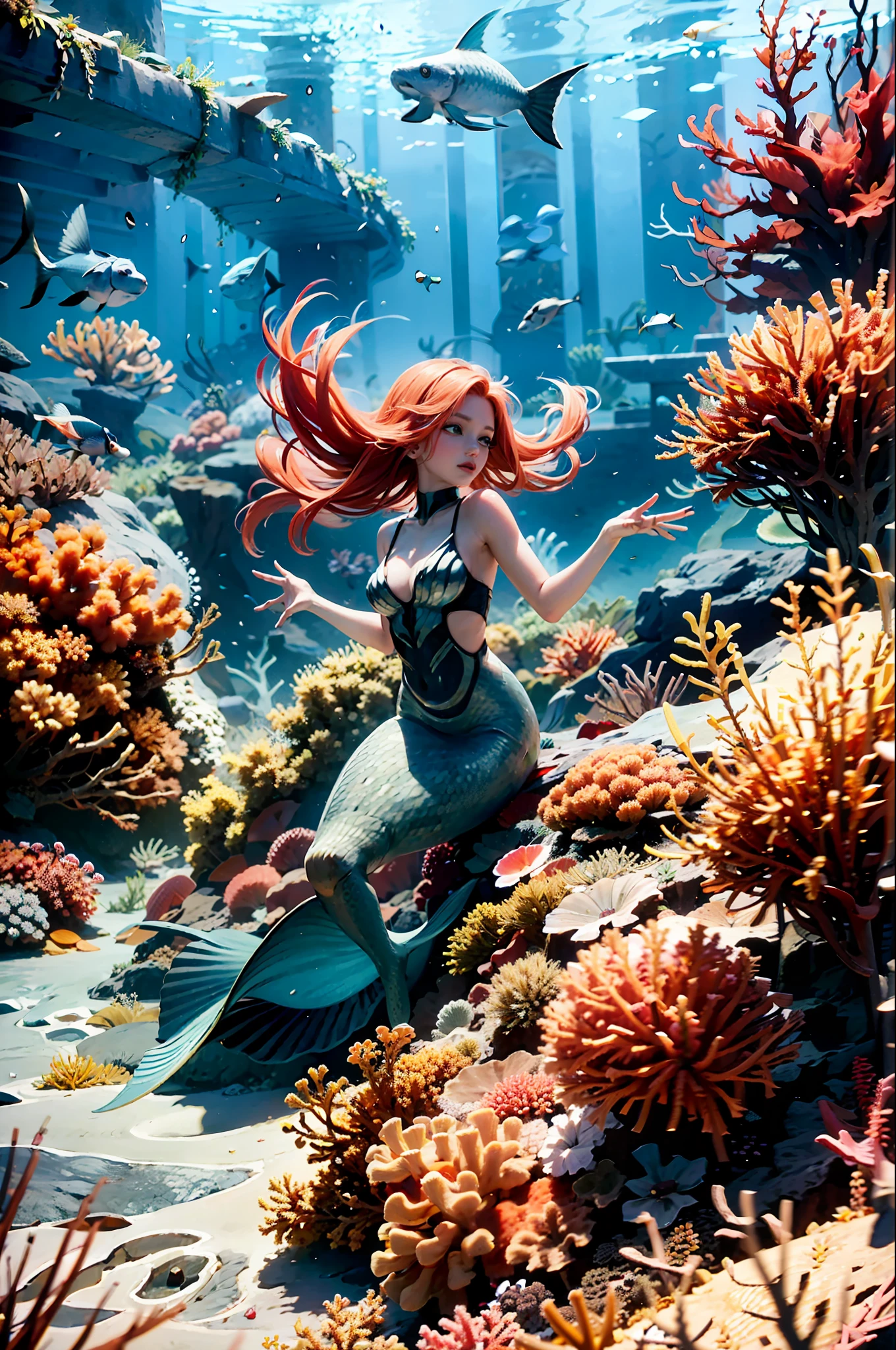 (masterpiece), (best quality:1.2), absurdres, [:intricate details:0.2], Under the sea, blue eyes, scales, a beautiful Little (Mermaid) swims gracefully with her bright red hair flowing behind her, surrounded by schools of colorful tropical fish, coral reefs, and sea anemones. The vibrant hues of blues, create a surreal and magical underwater world that leaves the viewer in awe.