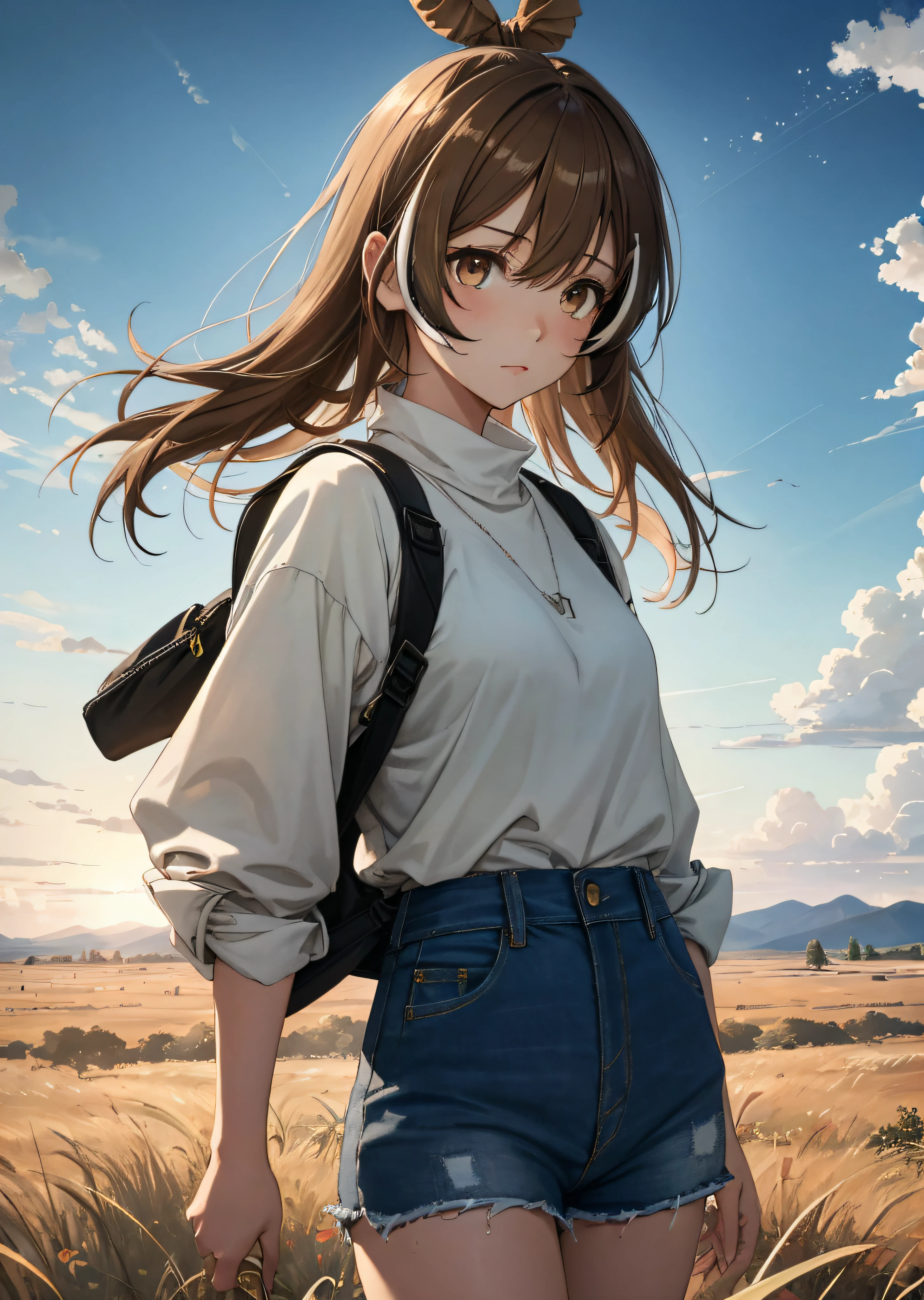 (人物: Nanashi Mumei), {brown hair}, (masterpiece:1.2), 1girl, solo, The vast sky, beautiful skyline, large grasslands, extremely tense and dramatic pictures, moving visual effects, high hanging Polaris, colorful natural glare. A girl in a long-sleeved top and denim shorts with a side backpack