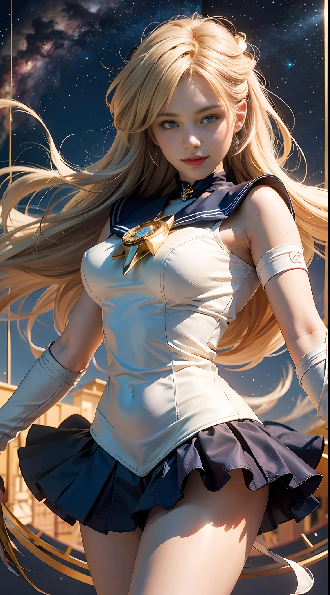 (Extreme detail CG Unity 8K wallpaper, masterpiece, highest quality), (exquisite lighting and shadow, highly dramatic picture, cinematic lens effect), (Sailor Moon: 1.1), charming smile, double tail, blue eyes, blond hair, tight top, white gloves, mini skirt, dynamic pose), the background is the universe (excellent detail, excellent lighting, wide angle), (excellent rendering, enough to stand out in its class),