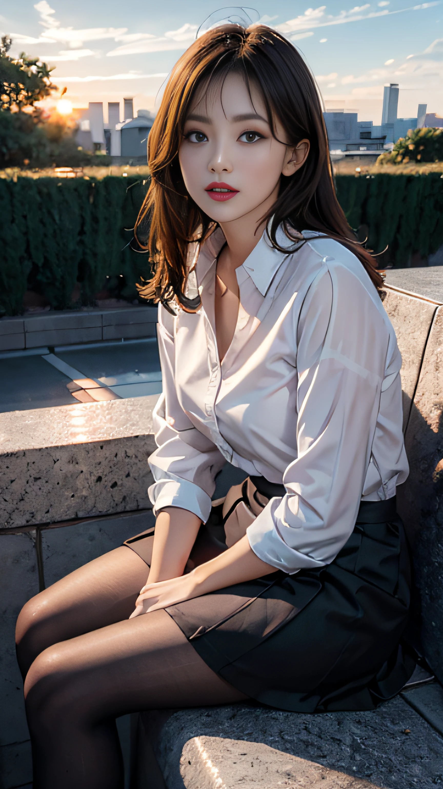 ultra-highres, Real, photo realistic image, imagination, (reality), Clear sky, composition, Sunset, (FLS:1.5), out door, Intricate Detailing, Collar shirt, skirts, Black stockings, 8K, Sitting position with bent knees and legs open, looking the viewer, Put your hands in your pockets, Red lips,