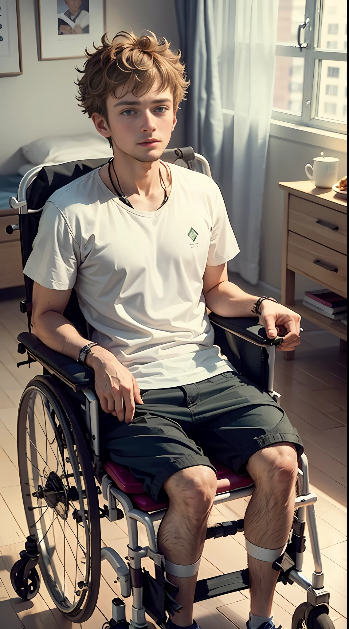 19 year old Australian guy, short curly hair, hair like Justin Timberlake from 2010, brown hair, light tan, light skin color, clean shaven, in hospital, in wheelchair, paralyzed like stephen hawking, cannot move legs and arms, 50 year old mother feeding him, neck paralysis, cannot move head