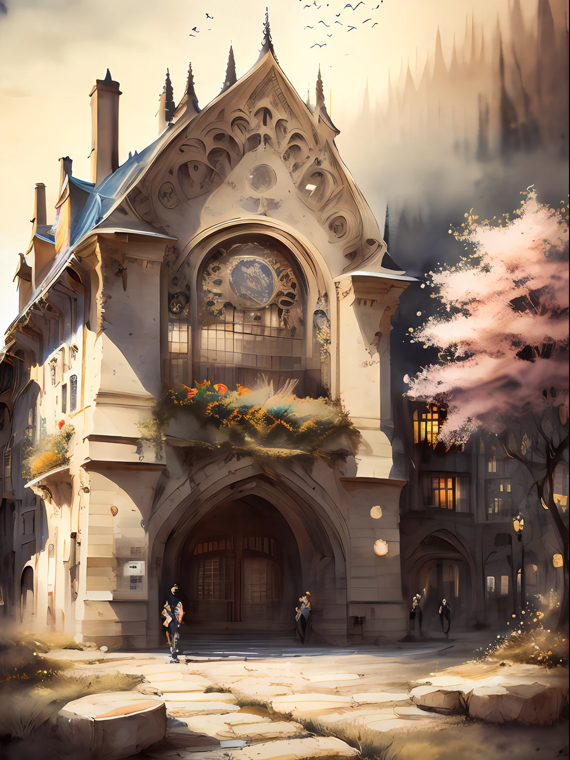 miaobishenghua, [(fondo ?????: 1.5)::5], 1 young girl, plano medio, cuerpo completo, mariposas, flores, floating petal, fragmento de piedra, hermosa agua detallada, nube, sol, atardecer, puesta de sol, hermoso (Portico of Gothic Cathedral), muy detallado,