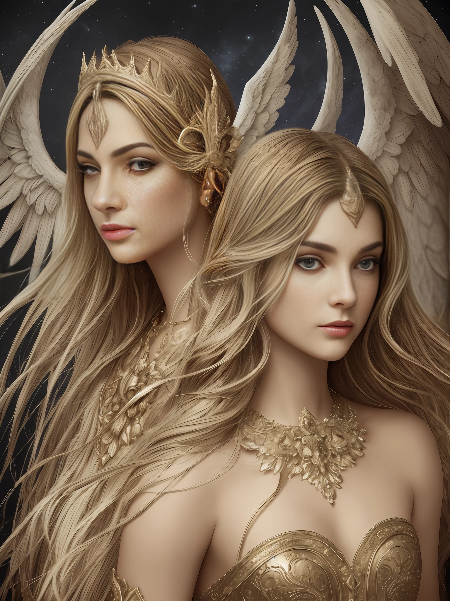 Angel hermoso y perfecto con alas definidas y detalladas, rostro hermoso y perfecto, ojos grises definidos, tunica blanca con destellos plateados y dorados, incrustaciones de joyas preciosas, Obra maestra, realismo, magia, fantasy, ser de luz, ser mistico y Celestial, hd,High quality and resolution, 8k --auto