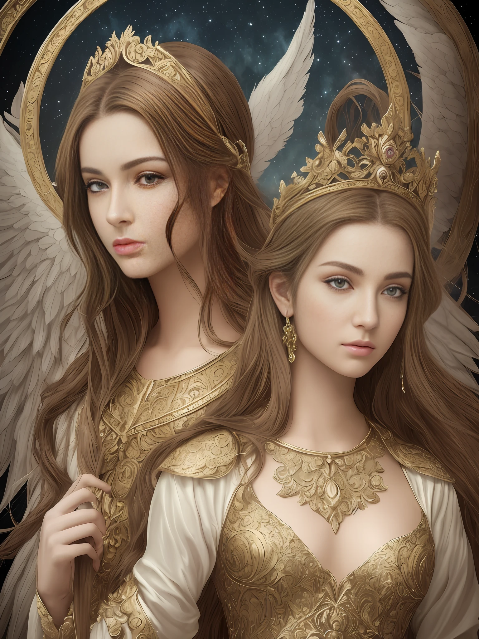 Angel hermoso y perfecto con alas definidas y detalladas, rostro hermoso y perfecto, ojos grises definidos, tunica blanca con destellos plateados y dorados, incrustaciones de joyas preciosas, Obra maestra, realismo, magia, fantasy, ser de luz, ser mistico y Celestial, hd,High quality and resolution, 8k --auto
