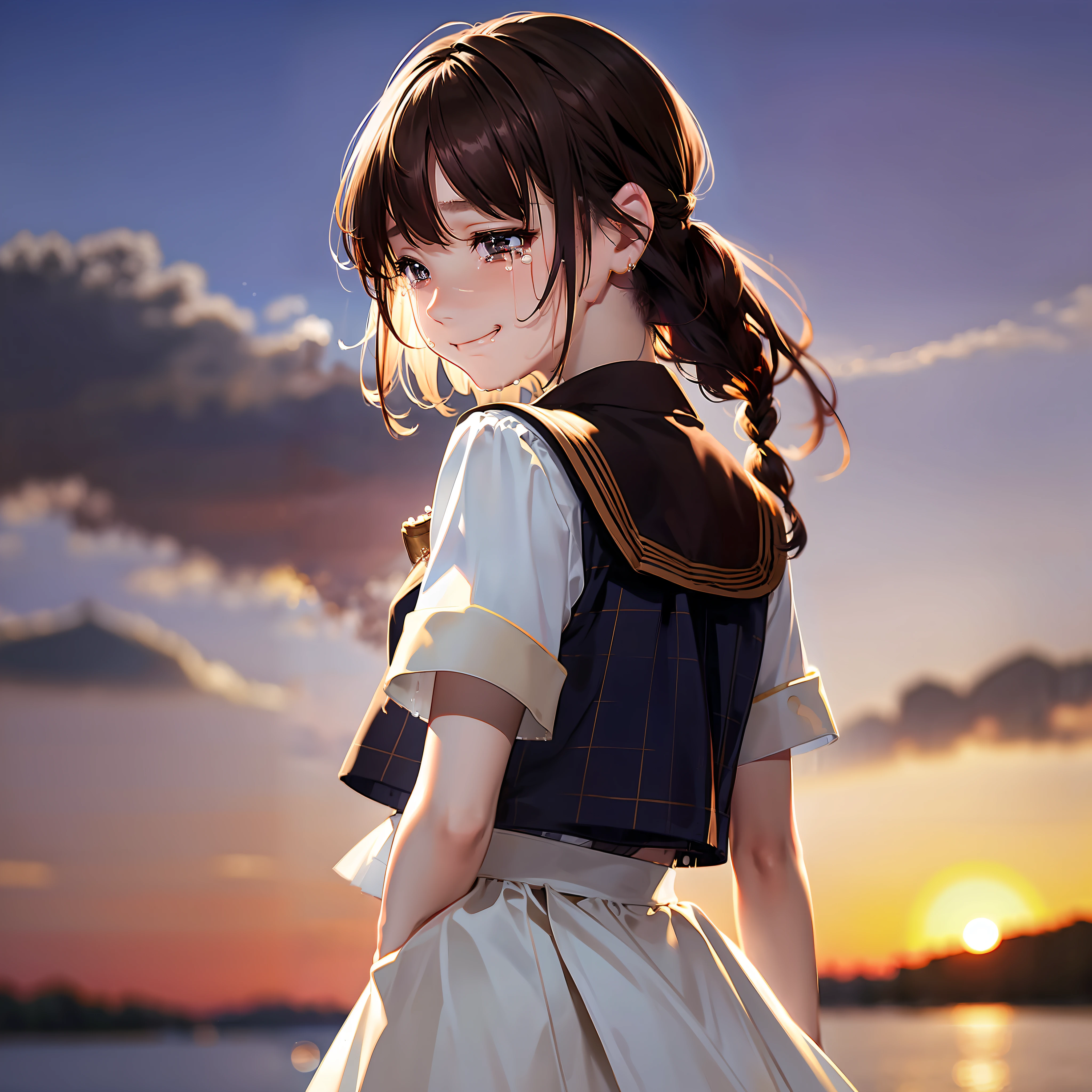 Best Quality, Best Masterpiece, 1 Girl, Solo, (from Behind:1.2), (sad smile crying:1.5), Looking back, Looking back, Brown braid, White short-sleeved sailor suit, Argyle skirt, Blushing, Gold-eyed, Dusk, Countryside, Big sunset, Small necklace, Reaching out