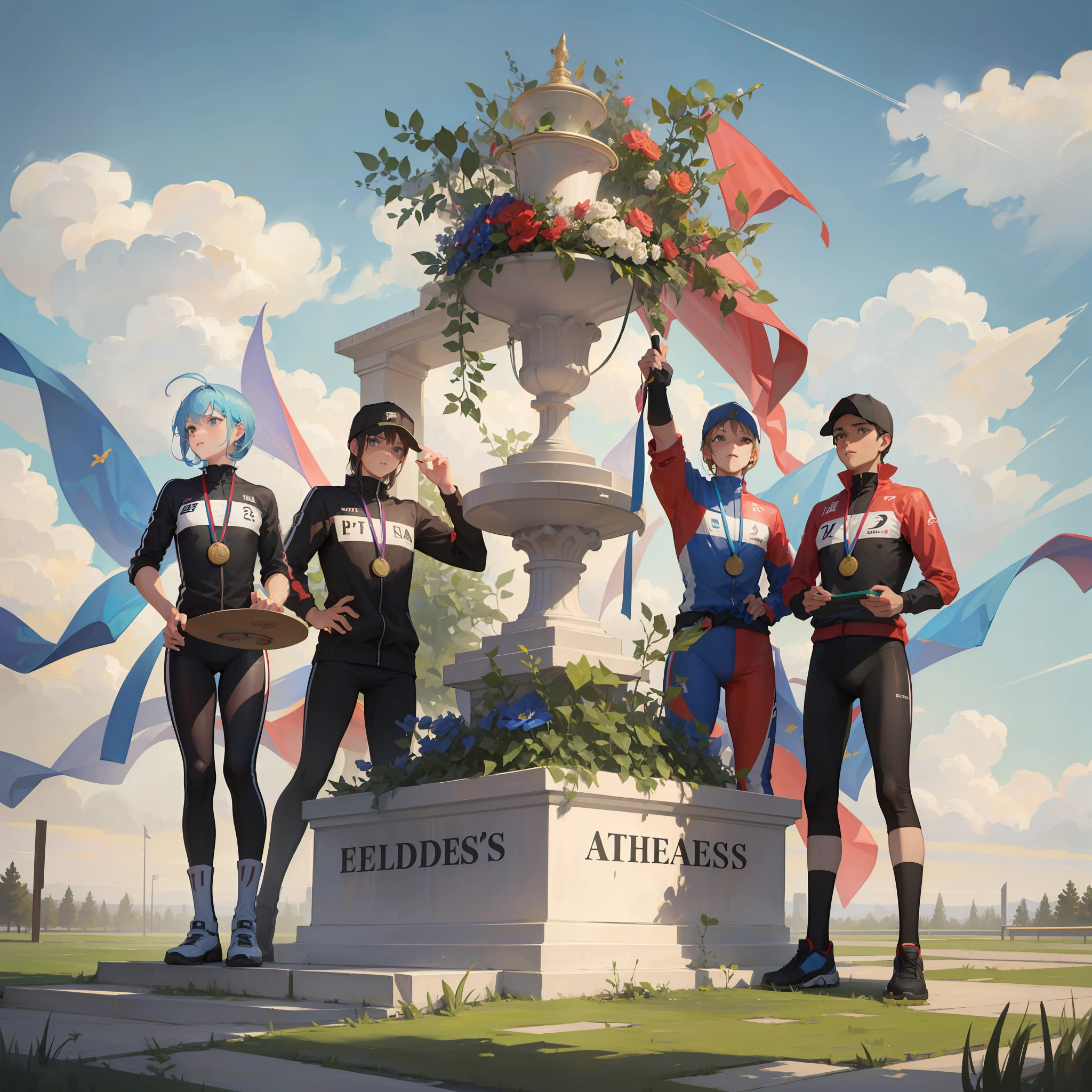 The pedestal of the winners of the race, the riders stand with medals, the winner is in the 1st place, the winner's cup is in his hands