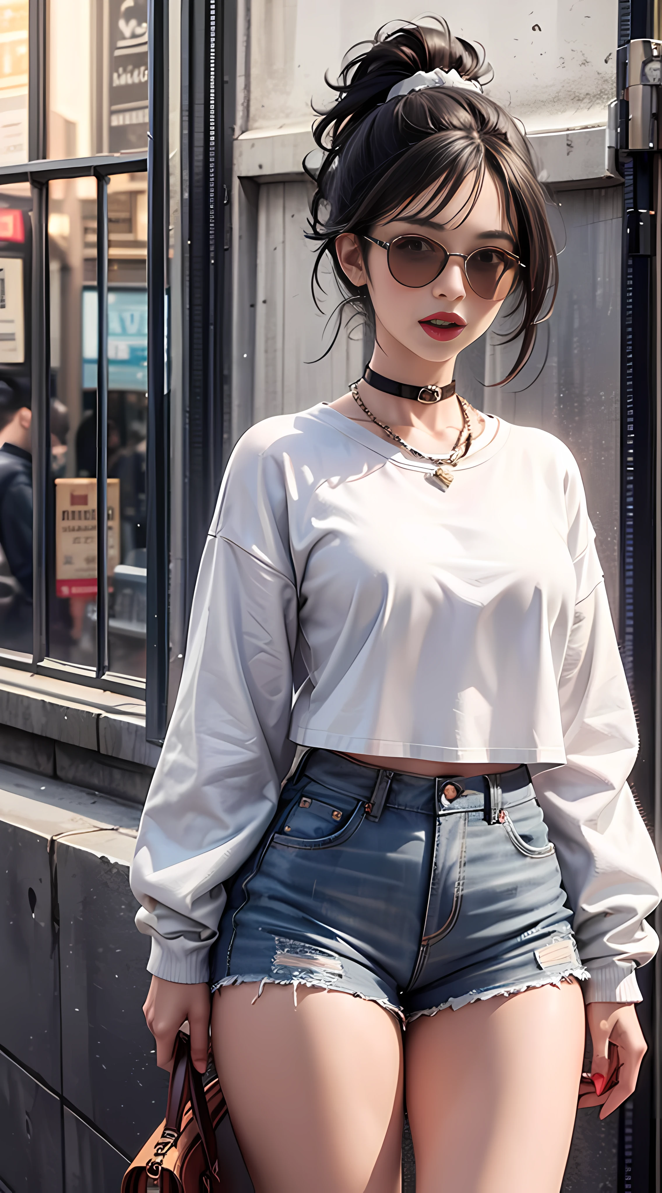 Ultra high quality，8K，gal girl，Sexy and feminine, high and cold，Enchanting，The head proportions are perfect，Gray high ponytail，Wear a sweatshirt monogram print, High Waist Shorts，Flaming red lips，Swan neck，neck chains，sun is shining brightly，With sunglasses，Straight teeth