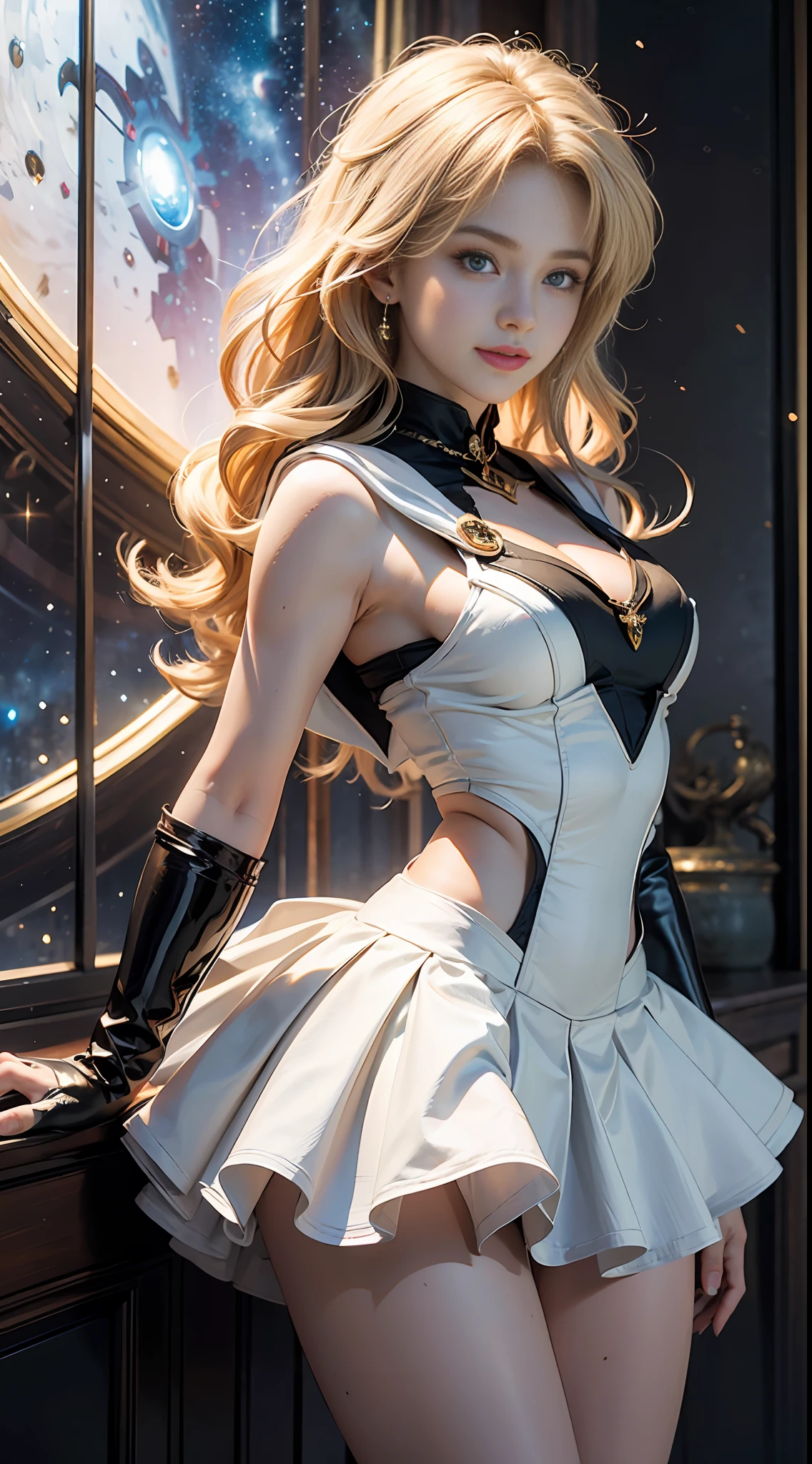 (Extreme detail CG Unity 8K wallpaper, masterpiece, highest quality), (exquisite lighting and shadow, highly dramatic picture, cinematic lens effect), (Sailor Moon: 1.1), charming smile, double tail, blue eyes, blond hair, tight top, white gloves, mini skirt, dynamic pose), the background is the universe (excellent detail, excellent lighting, wide angle), (excellent rendering, enough to stand out in its class),