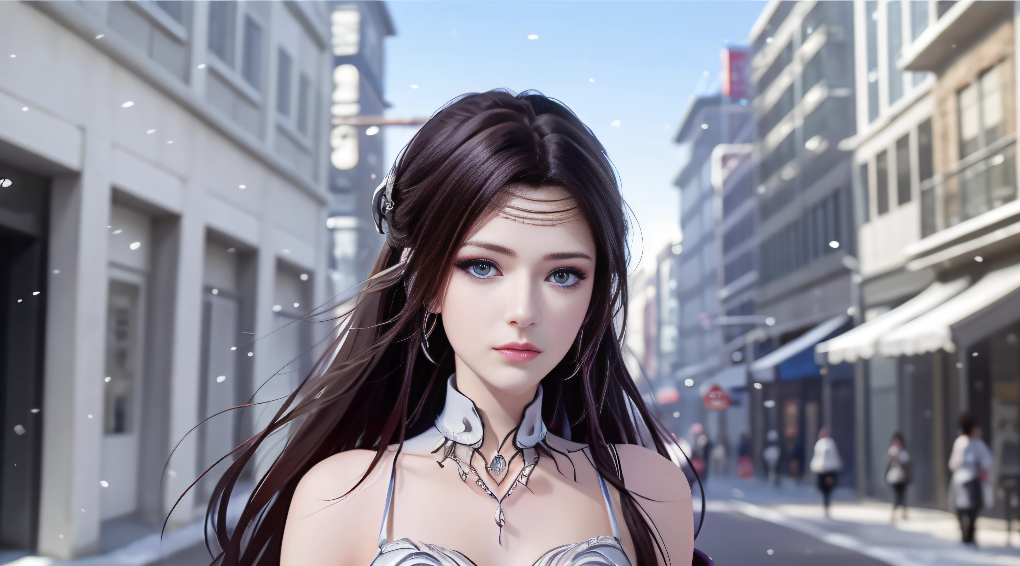best qulity,The Masterpiece,anextremely delicate and beautiful,greatly detailed,CG,unified,8k壁紙,beautiful detailedgirl,(very detailled face),beautiful detail eye, 1girls,独奏,blur backgroun,half-body,In front of the building in oriental style