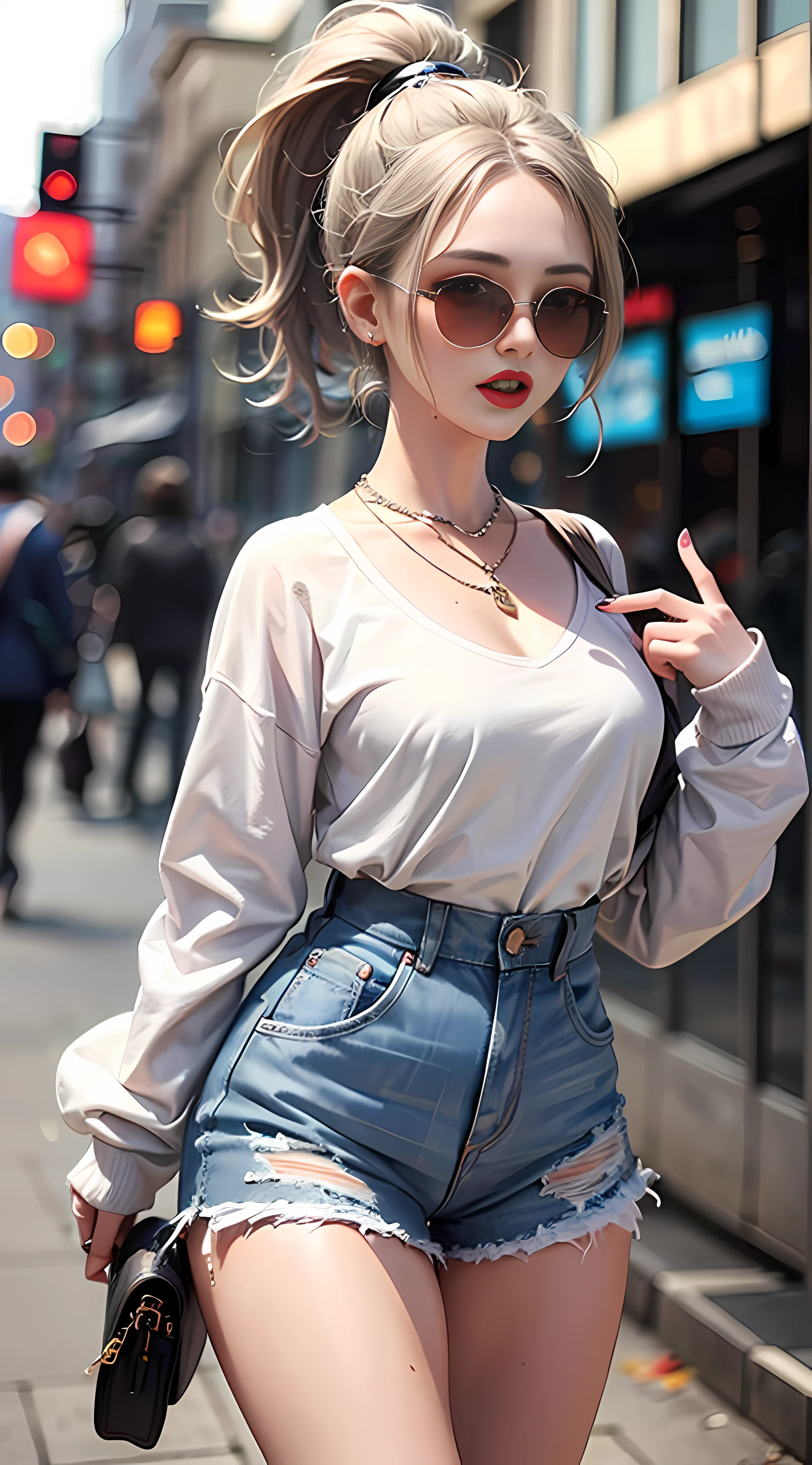 Ultra high quality,8K,gal girl,Sexy and feminine, high and cold,Enchanting,The head proportions are perfect,Gray high ponytail,Wear a sweatshirt monogram print, High Waist Shorts,Flaming red lips,Swan neck,neck chains,sun is shining brightly,With sunglasses,Straight teeth