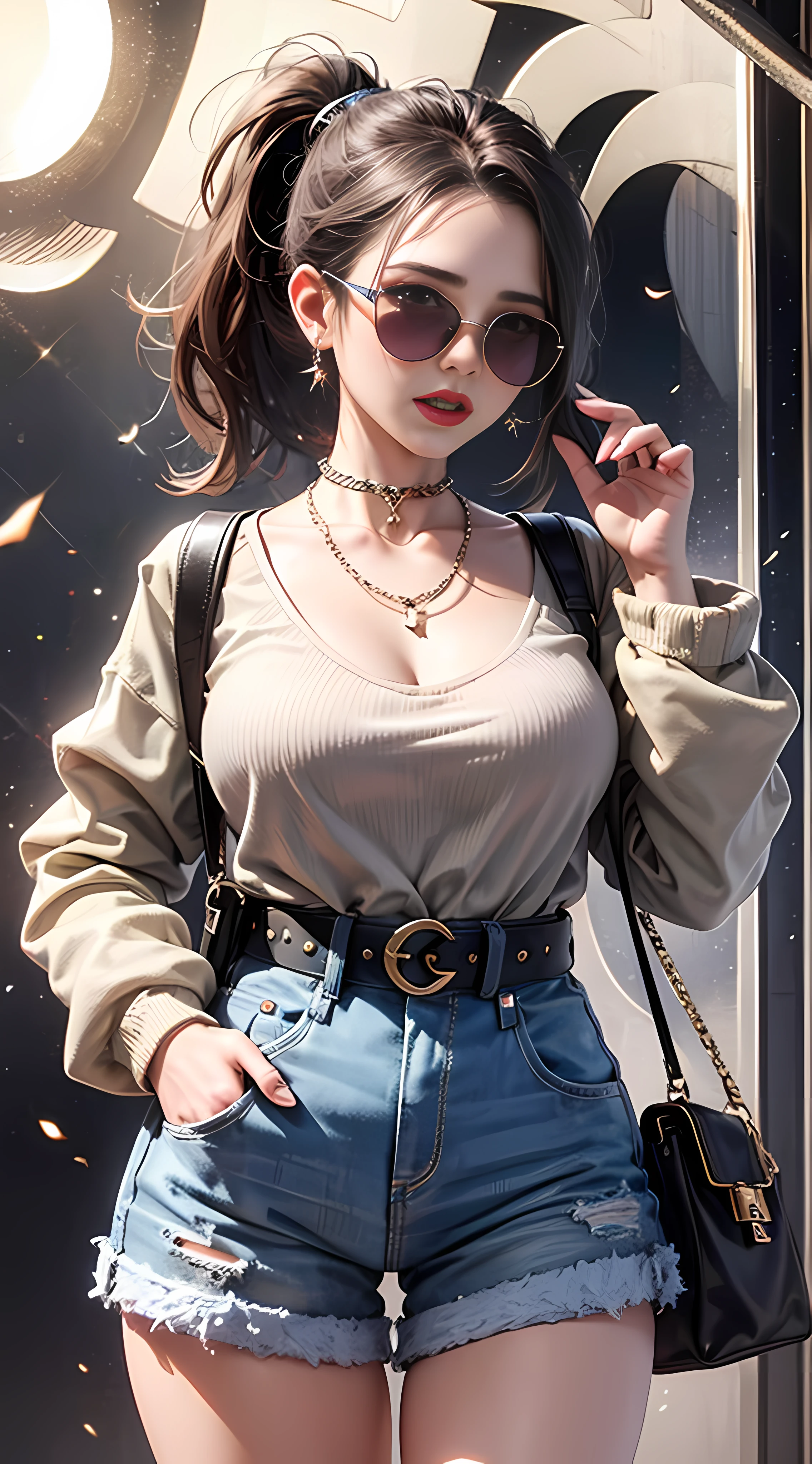 Ultra high quality，8K，gal girl，Sexy and feminine, high and cold，Enchanting，The head proportions are perfect，Gray high ponytail，Wear a sweatshirt monogram print, High Waist Shorts，Flaming red lips，Swan neck，neck chains，sun is shining brightly，With sunglasses，Straight teeth